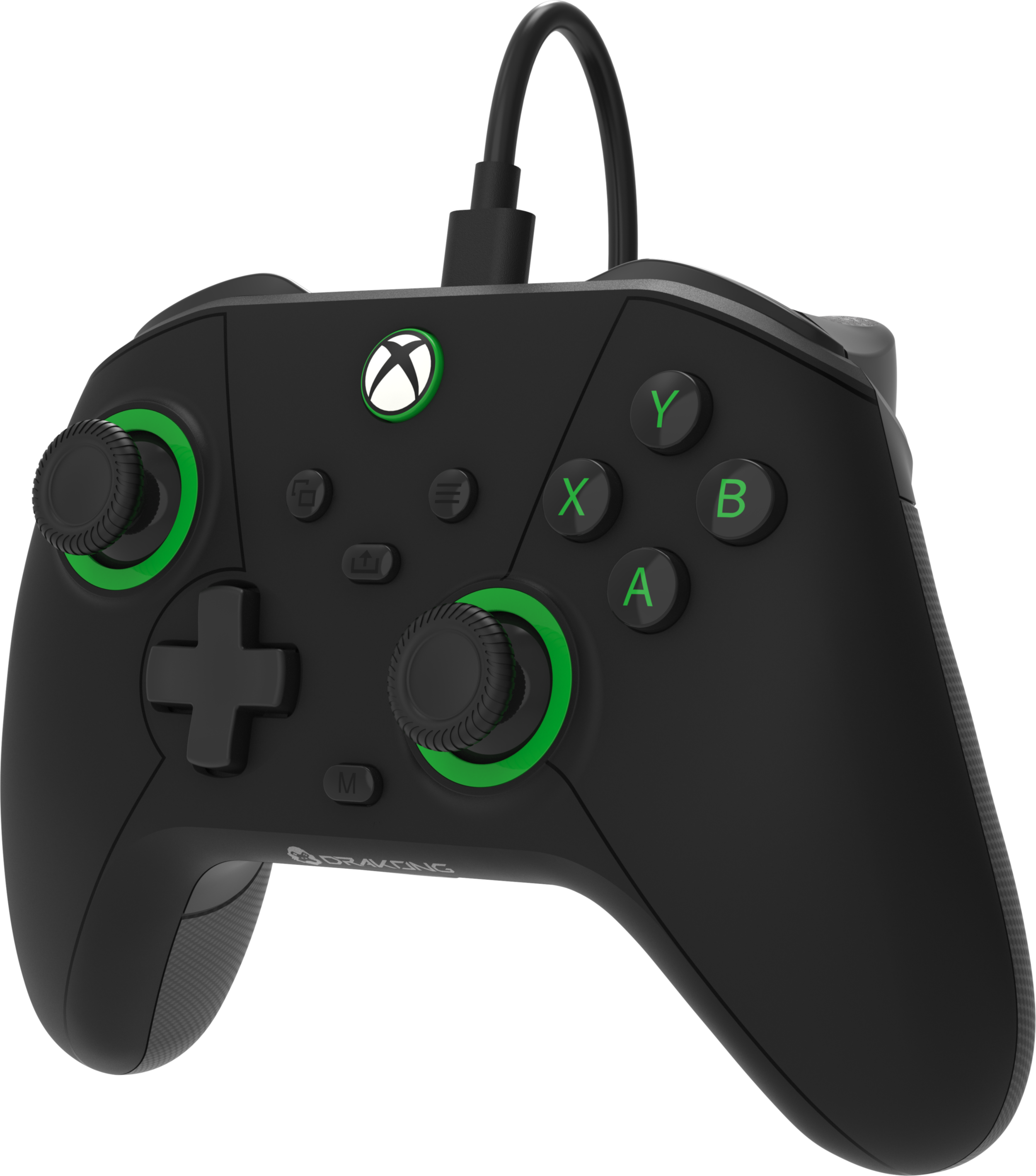 Fekete Xbox kontroller zöld díszítéssel és kábellel, fekete háttéren.