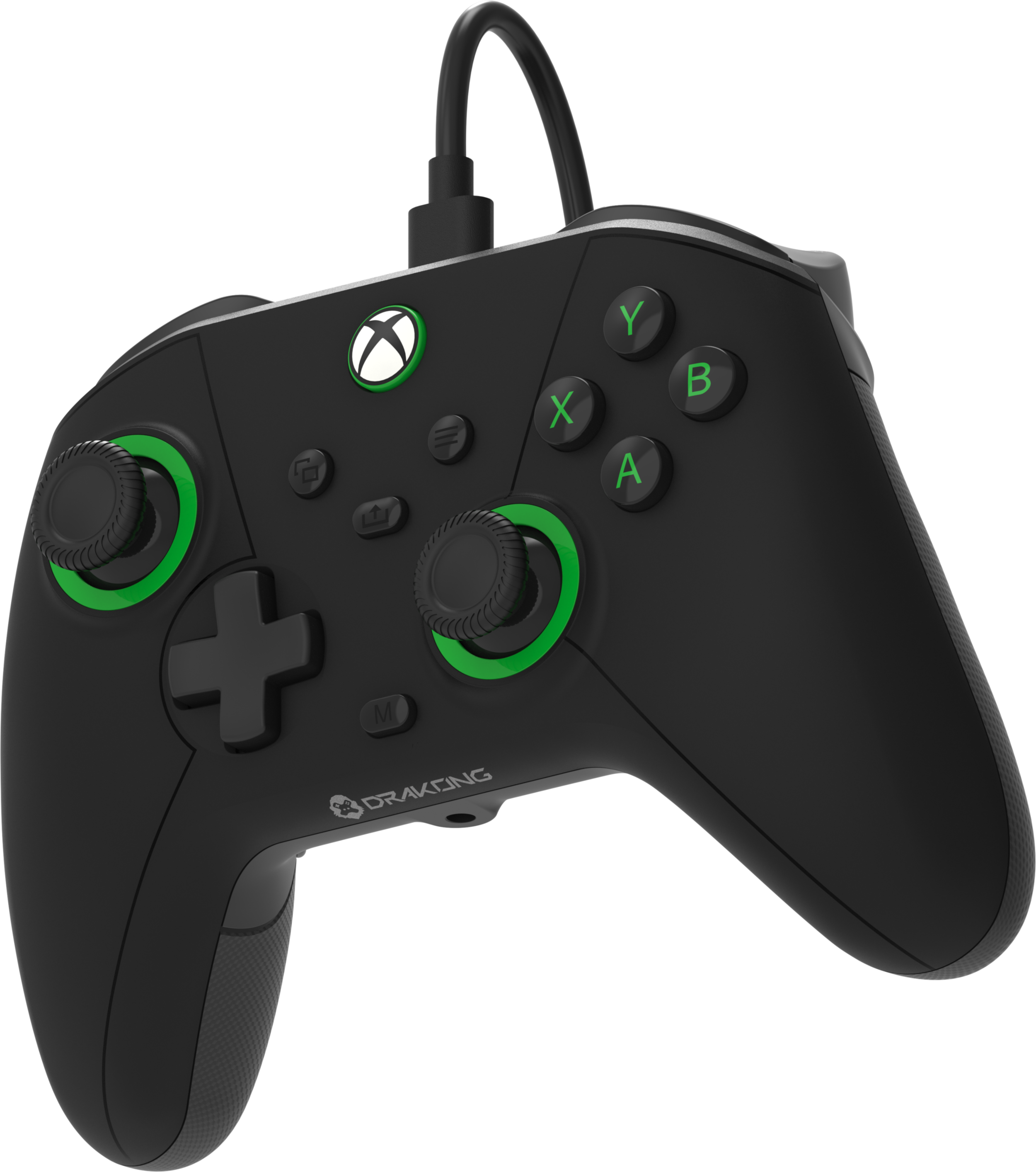 Fekete Xbox kontroller zöld díszítéssel és kábellel fekete háttéren.