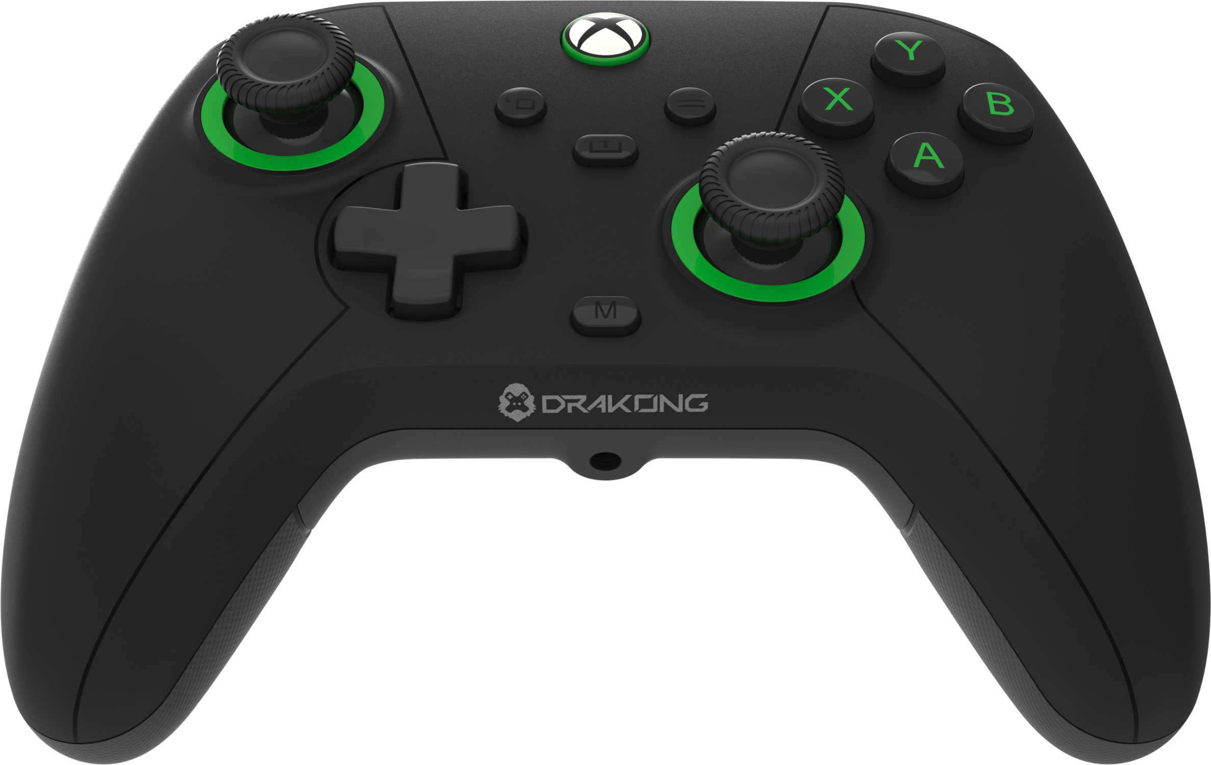 Fekete Xbox kontroller zöld díszítéssel és Drakong logóval.