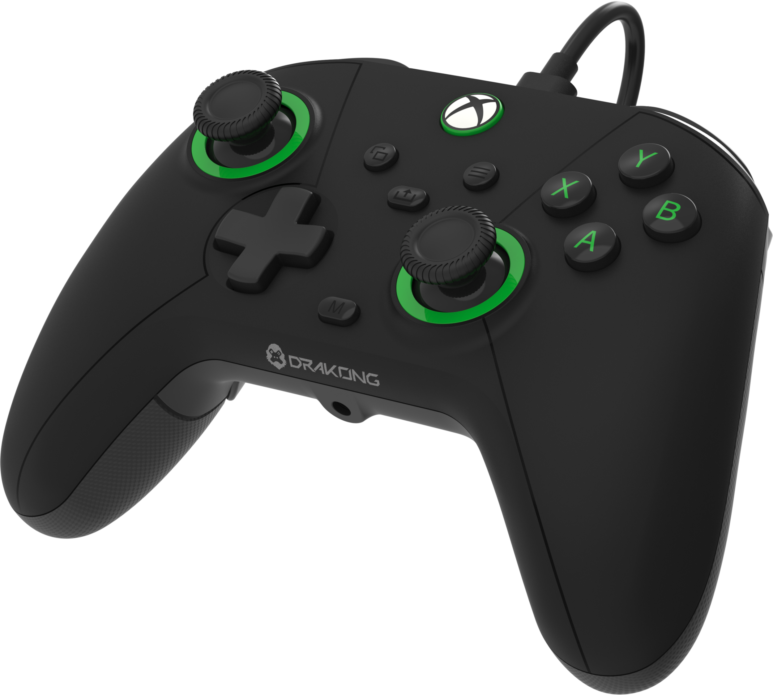 Fekete gamer kontroller zöld díszítéssel és Xbox logóval.