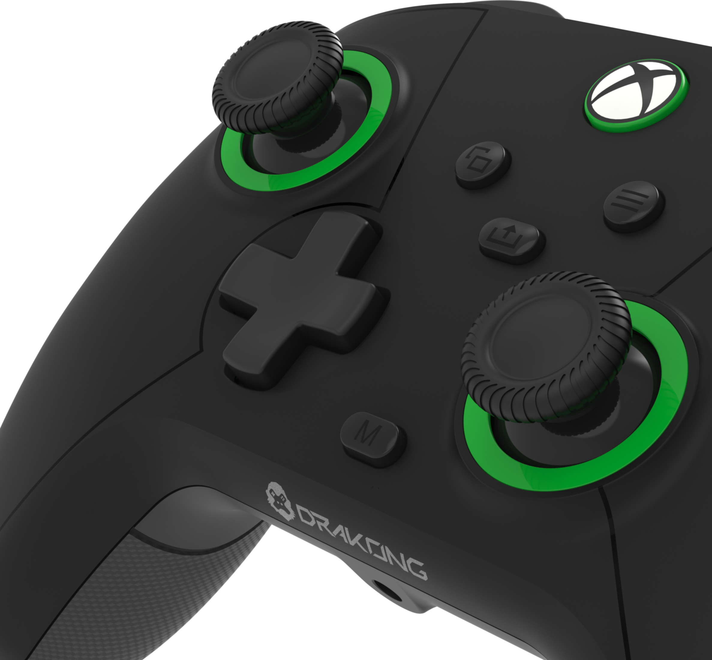 Fekete gamer kontroller zöld díszítéssel és Xbox logóval.
