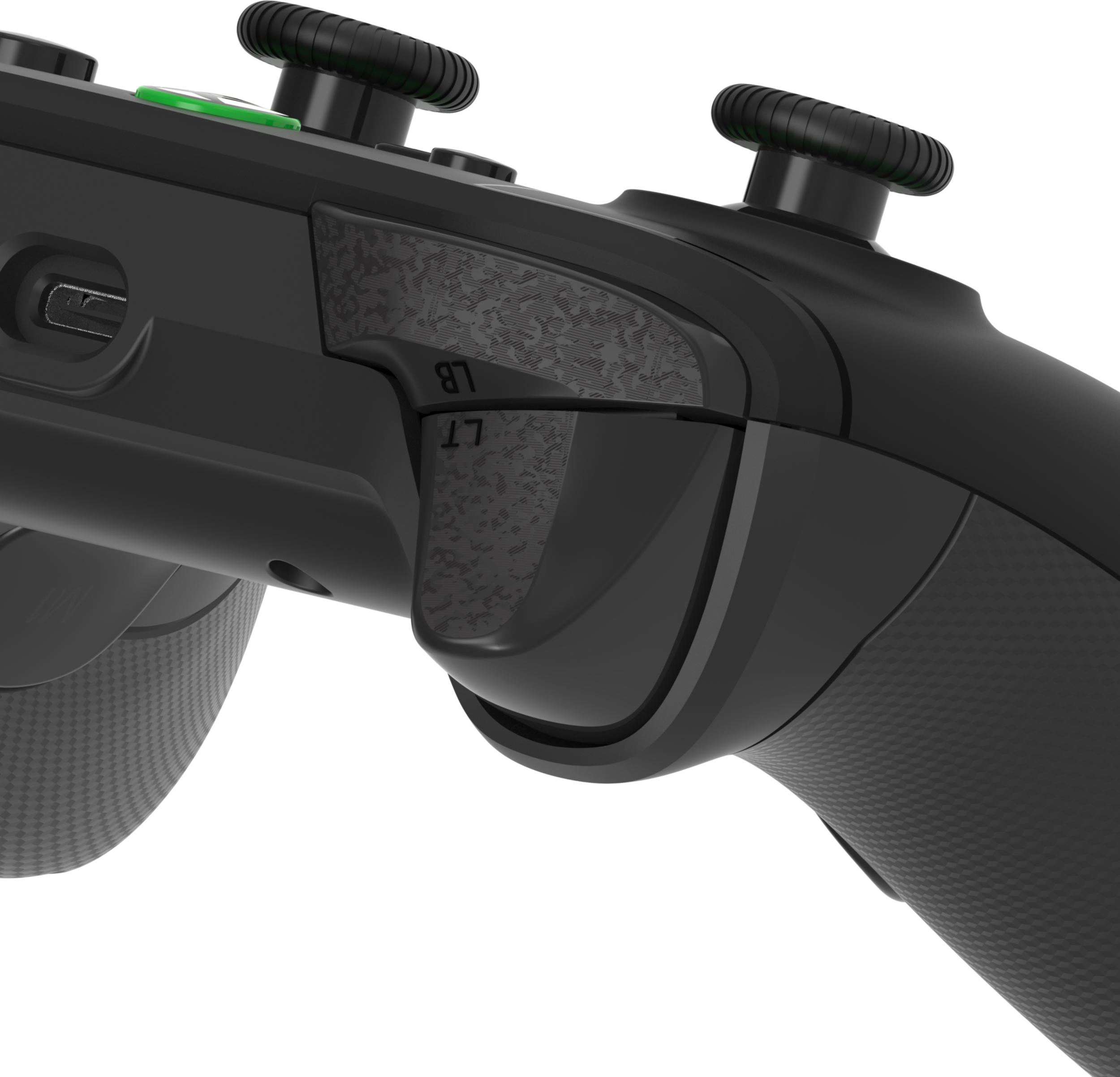 Fekete, texturált markolatú kontroller, zöld gomb és két joystick.