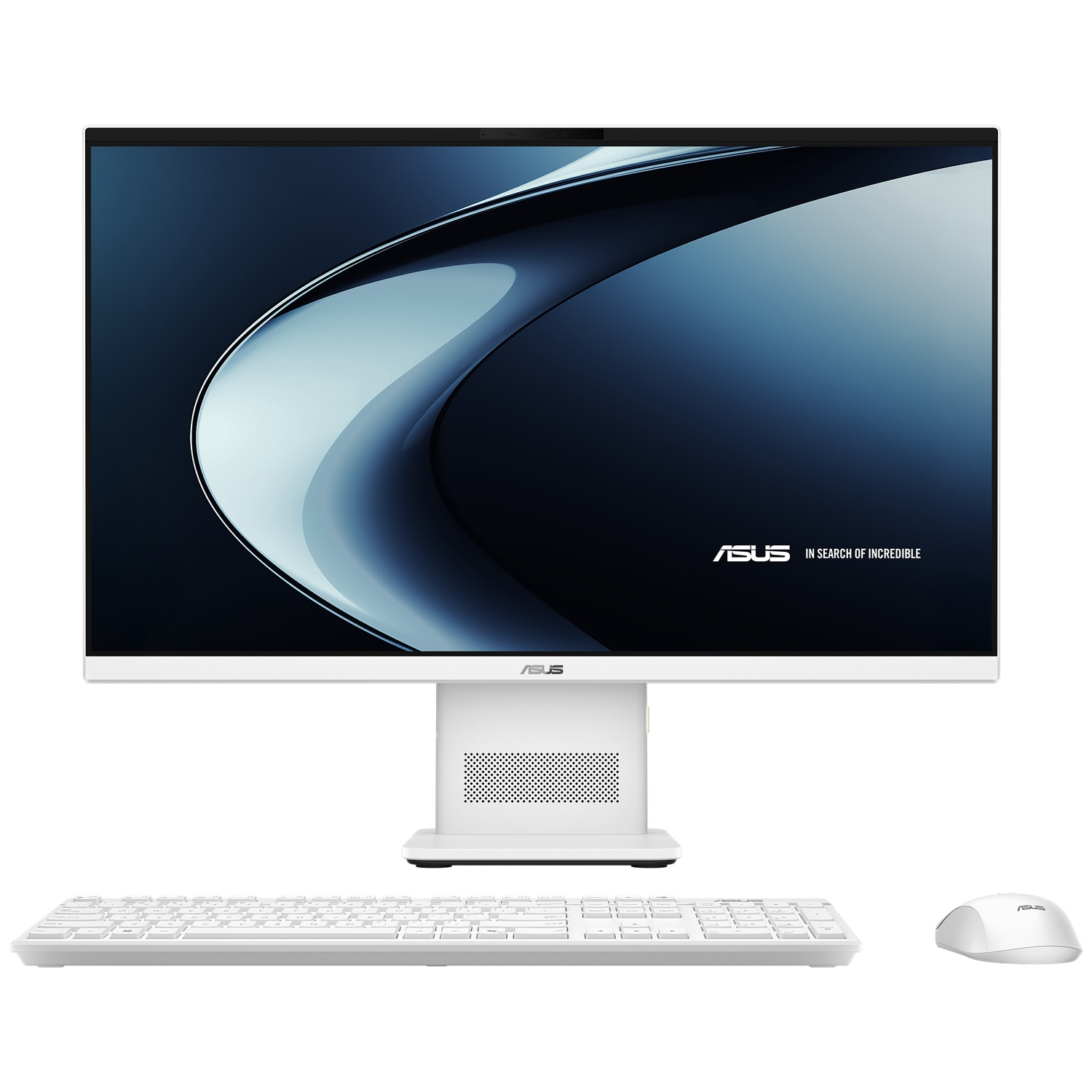 Un ordinateur tout-en-un blanc avec clavier et souris, sur fond abstrait.