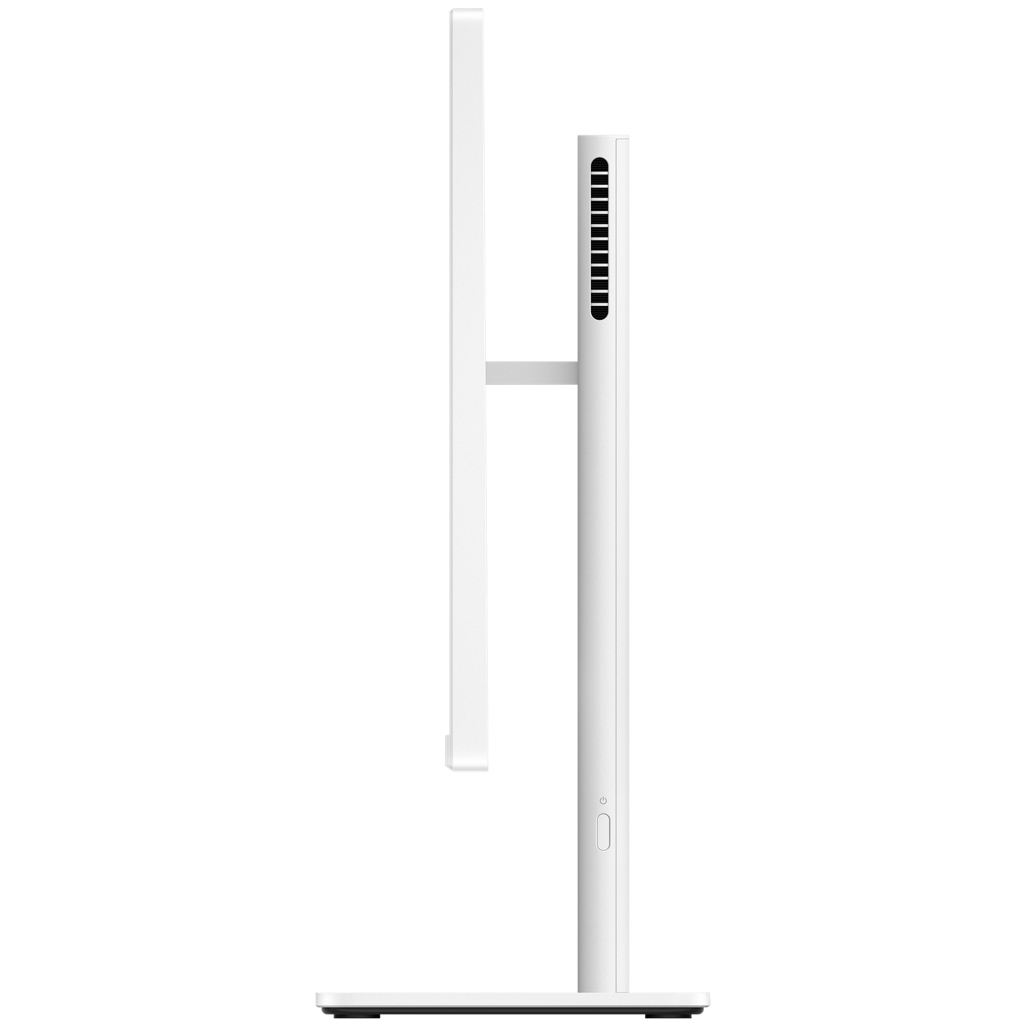 Un moniteur blanc de profil, avec des fentes d'aération et un bouton d'alimentation.