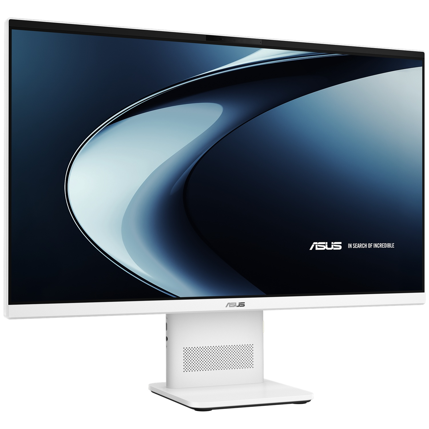 Un moniteur ASUS blanc affiche un graphique abstrait bleu et blanc et le logo ASUS.