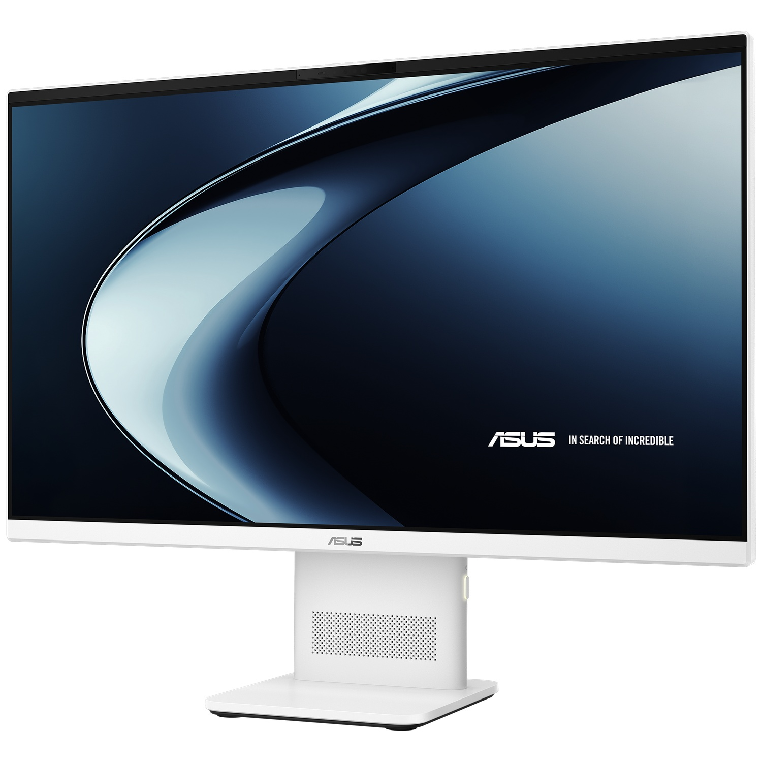 Un moniteur ASUS blanc avec un fond abstrait bleu foncé. L'écran affiche le logo ASUS.