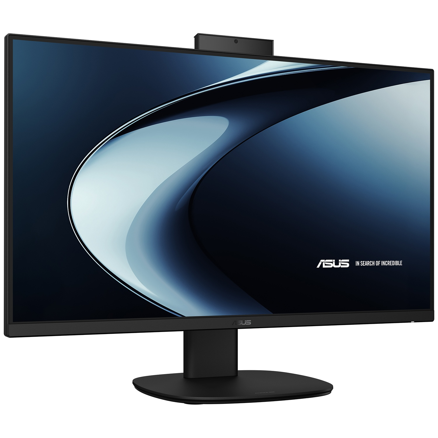 Moniteur noir avec webcam et logo Asus sur fond sombre.