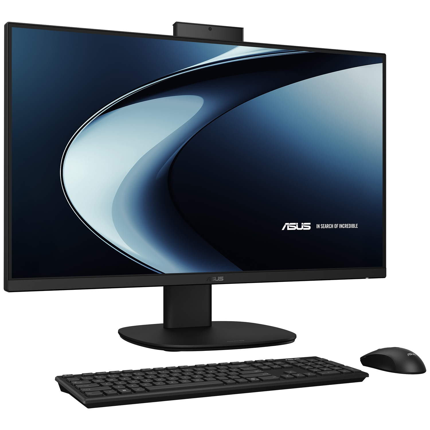 Un ordinateur tout-en-un ASUS noir avec clavier et souris sur fond blanc.