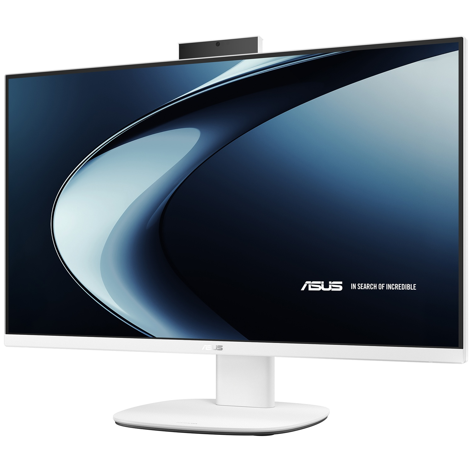 Un moniteur ASUS blanc avec une caméra en haut et un motif bleu à l'écran.