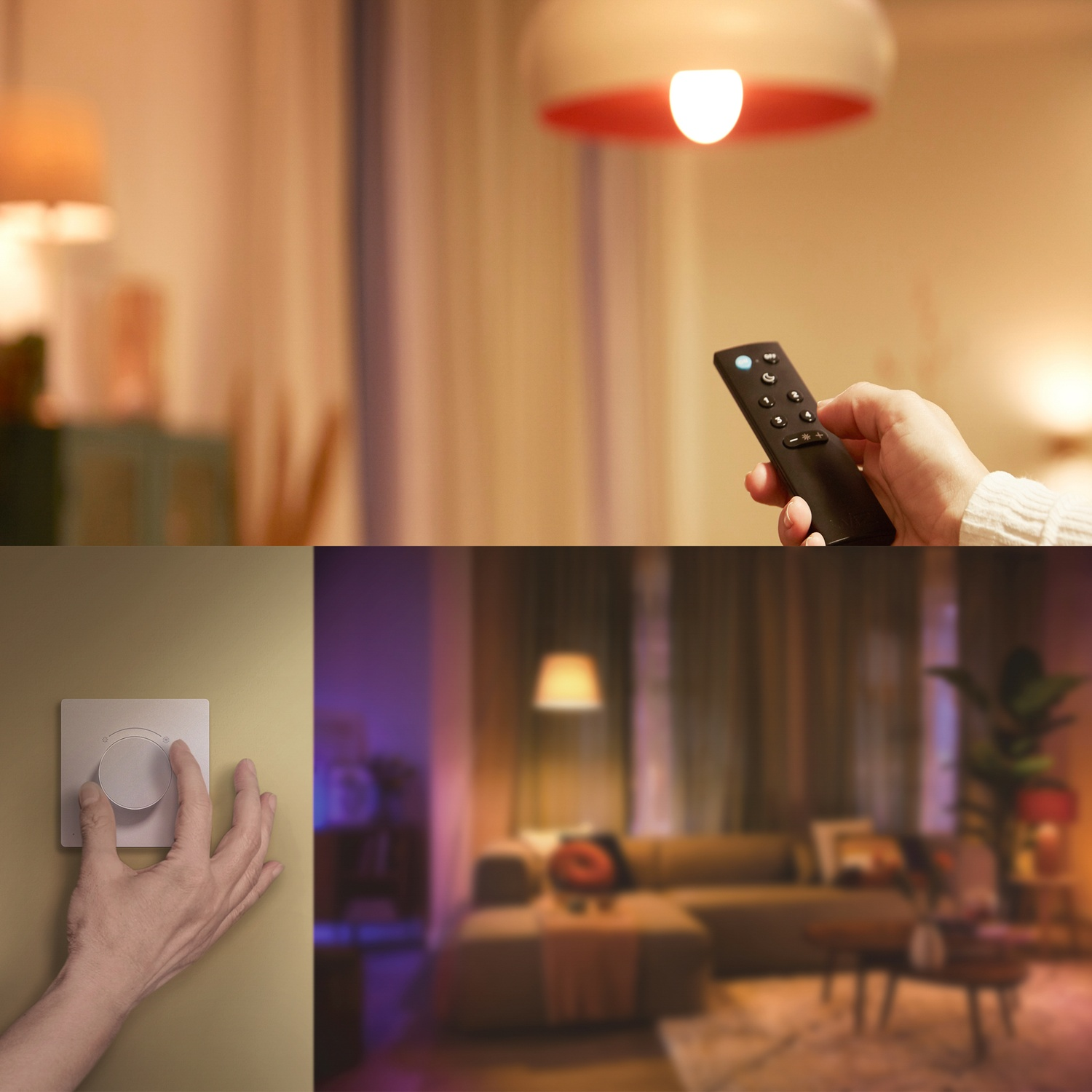 Hand operates remote and dial for light control in living spaces.