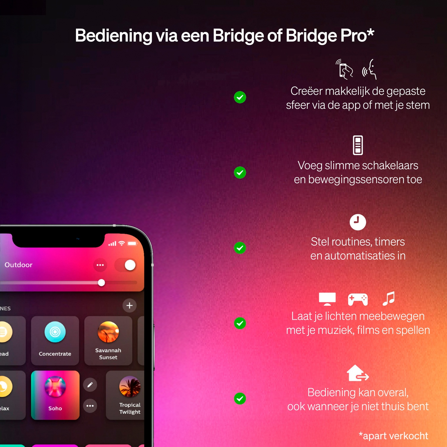 Une application affiche des options d'éclairage. Le texte souligne des fonctionnalités comme l'ambiance, les capteurs, les routines et le contrôle à distance.