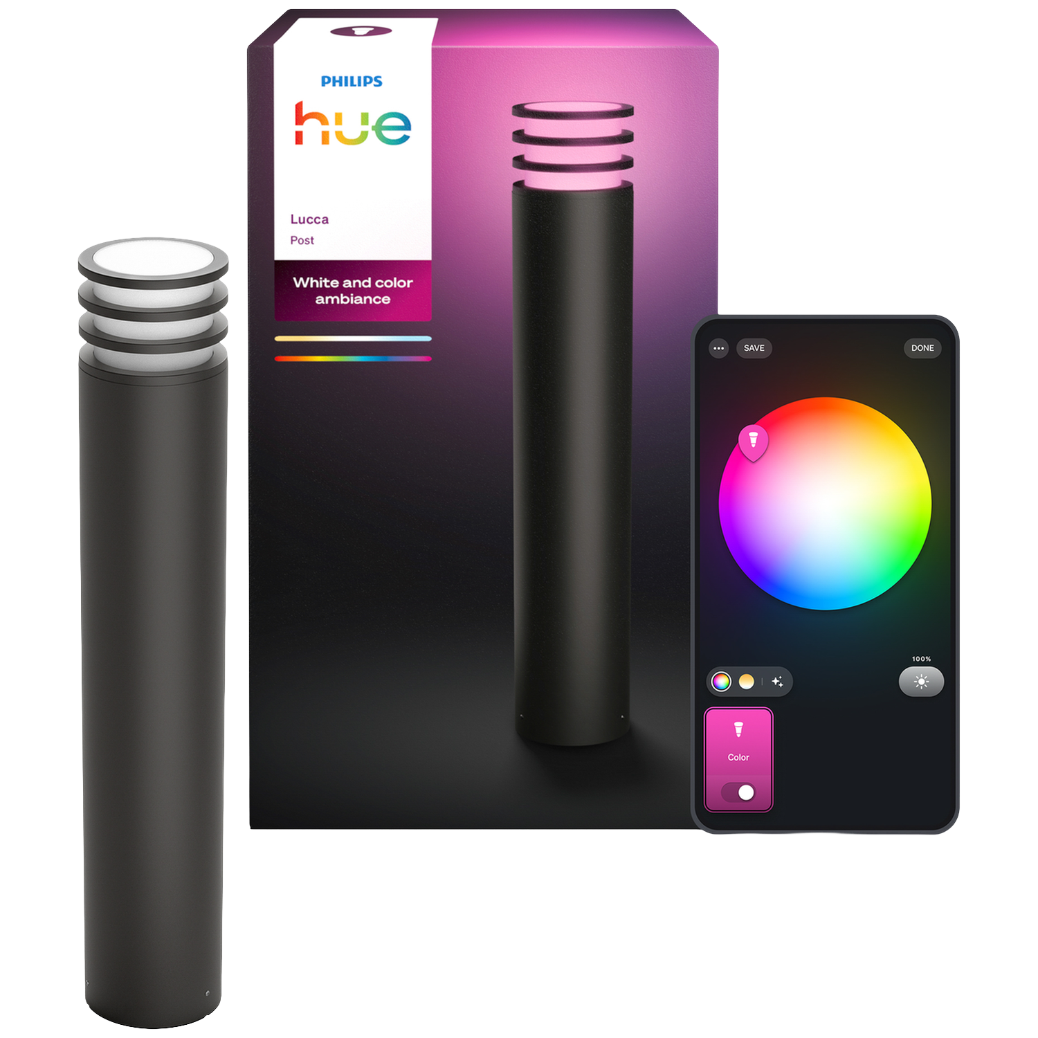 Lampe extérieure Philips Hue Lucca avec emballage et application smartphone contrôle couleur.