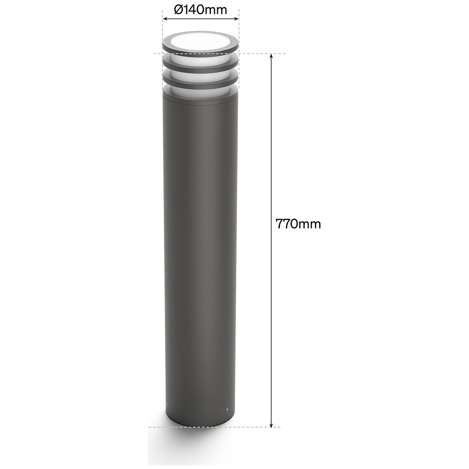 Borne cylindrique gris foncé, 770mm de haut, 140mm de diamètre.