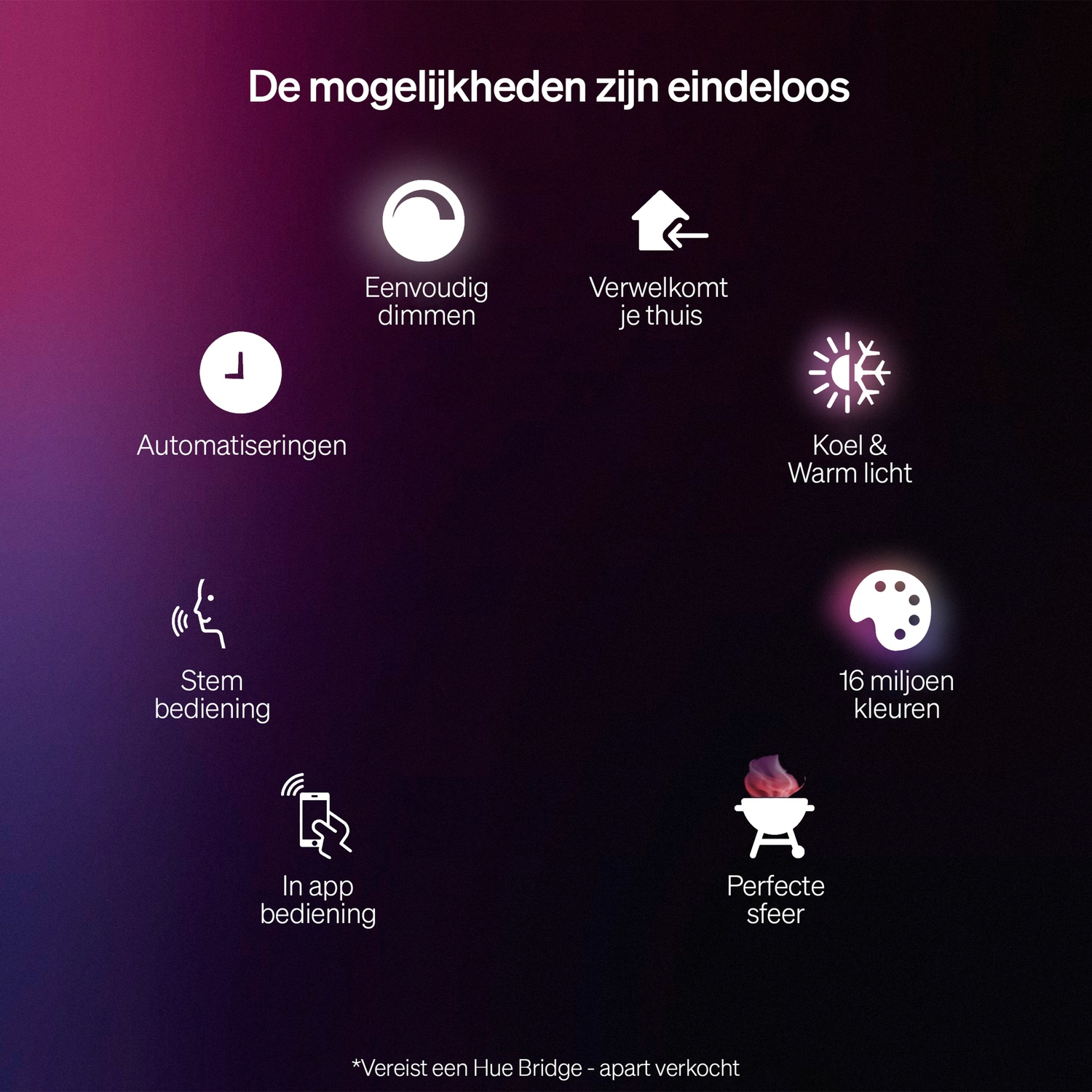 Graphique avec icônes : Automatisation, Gradation, Accueil, Lumière, Couleurs, Ambiance, App et Voix.