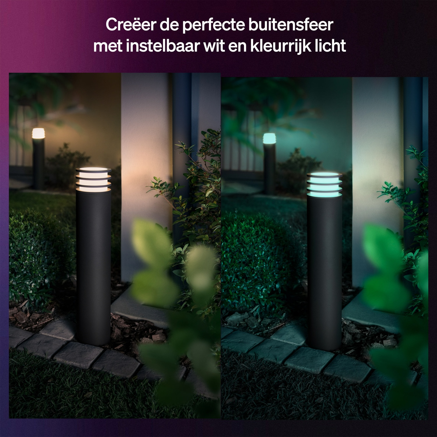 Deux lampes d'extérieur noires modernes éclairent un chemin de jardin la nuit.
