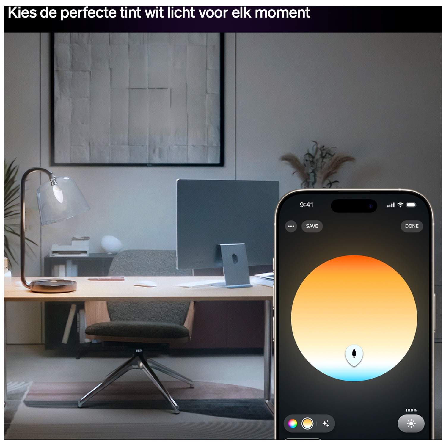 Un smartphone affiche un sélecteur de température de couleur pour la lumière, un bureau avec lampe.