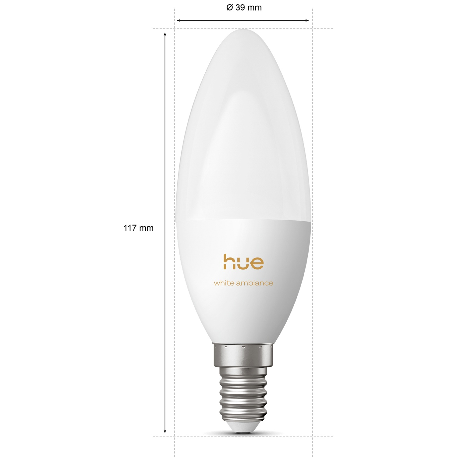 Ampoule blanche forme bougie E14, 117 mm long, 39 mm diam.