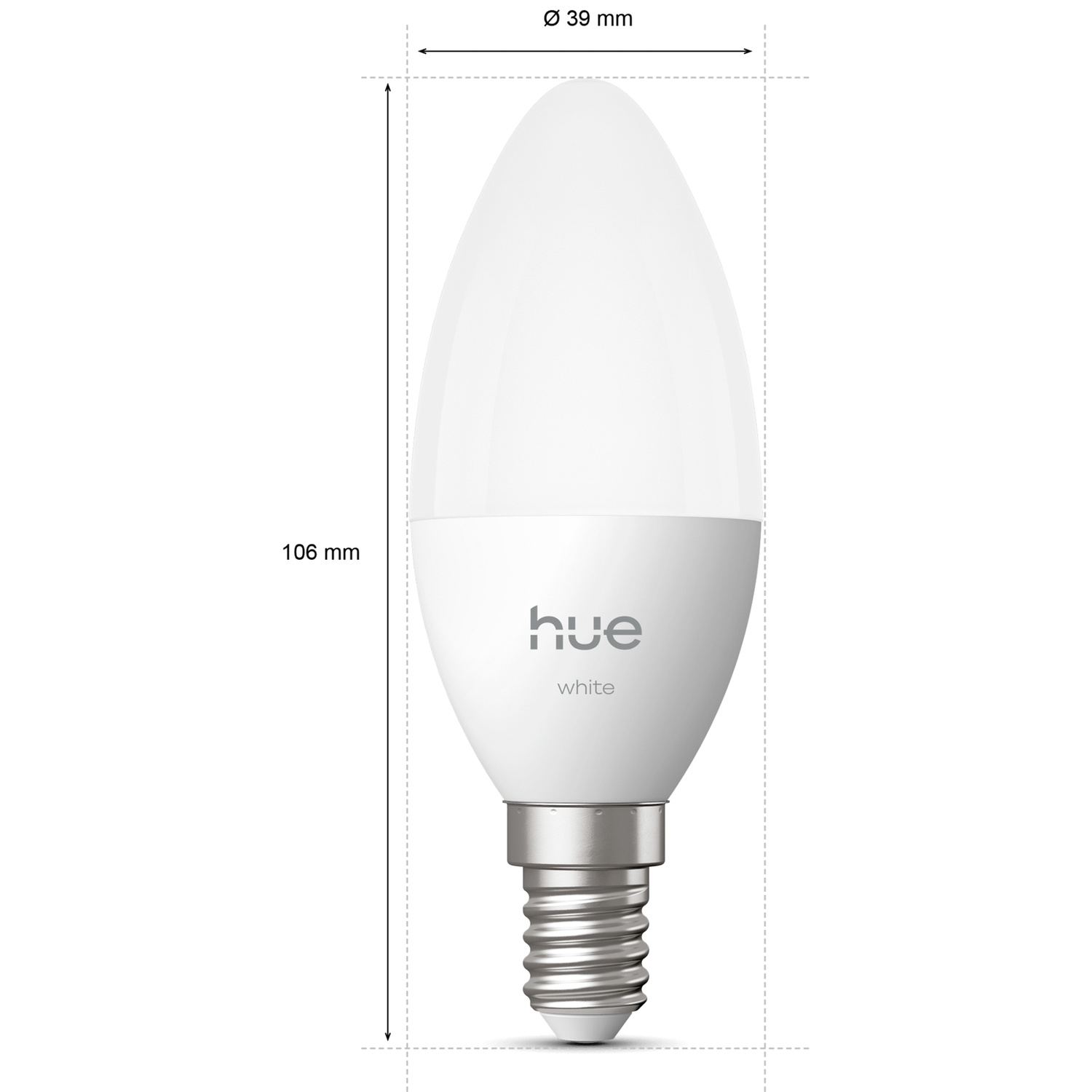 A white Philips Hue candle bulb with E14 base, 106mm tall.