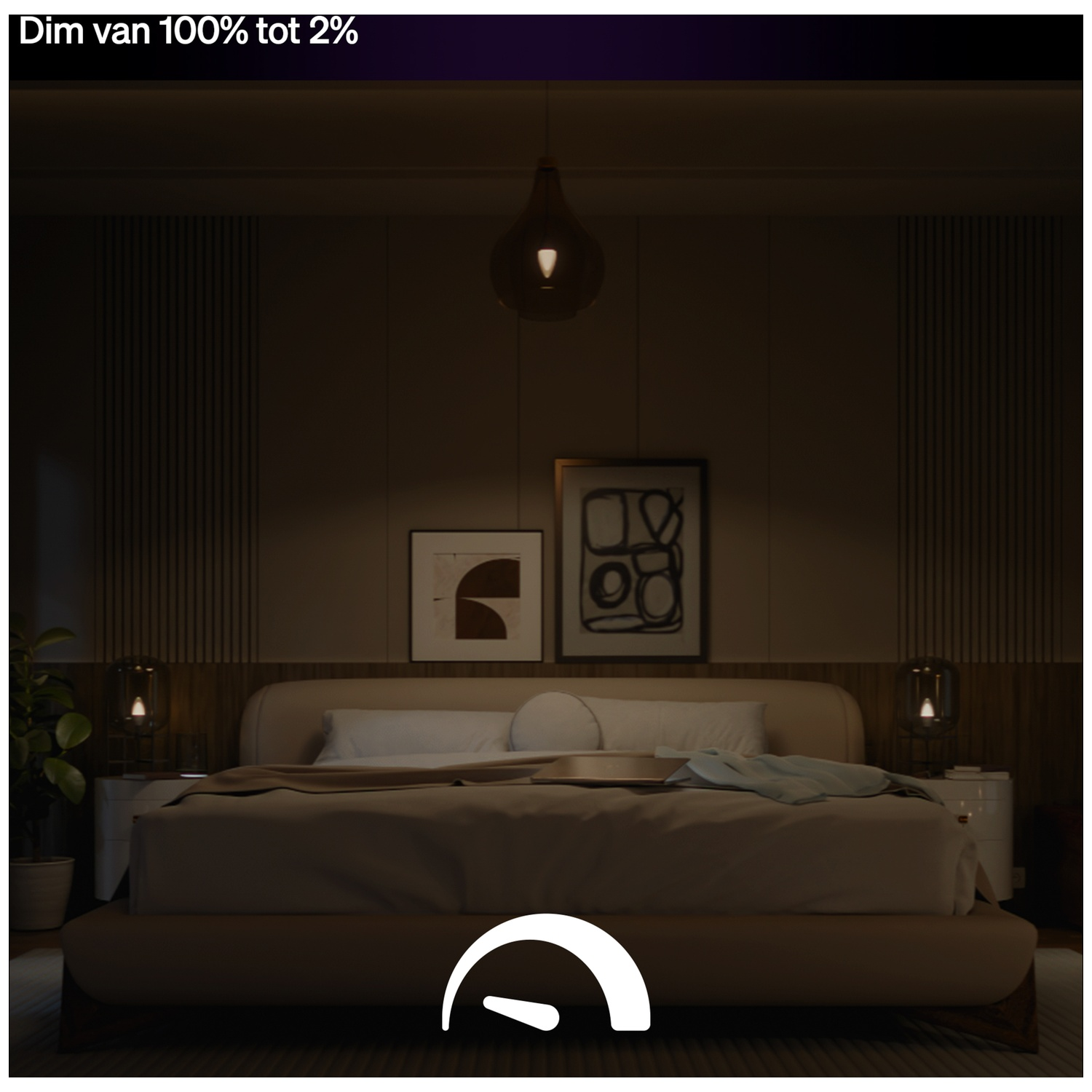 A cozy bedroom with a bed, nightstands, and art on the wall.