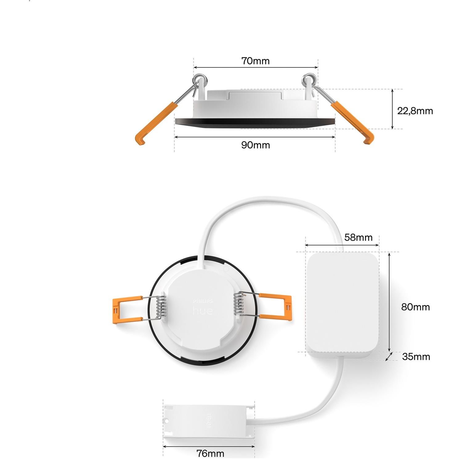 Lumière Philips Hue blanche avec dimensions et clips. Alimentation et pilote montrés.