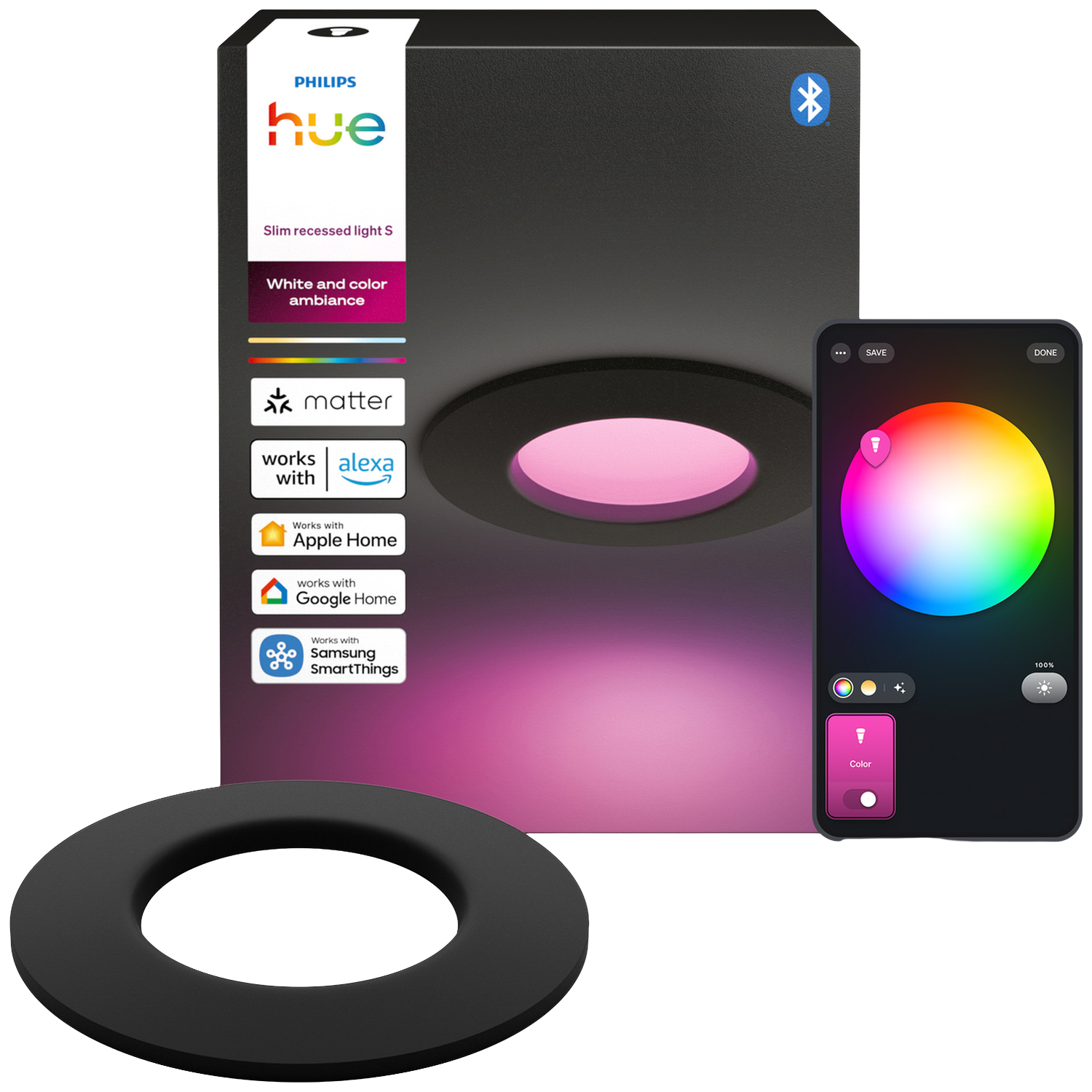 Boîte de luminaire encastré mince Philips Hue S avec téléphone affichant les commandes de couleur et anneau noir.