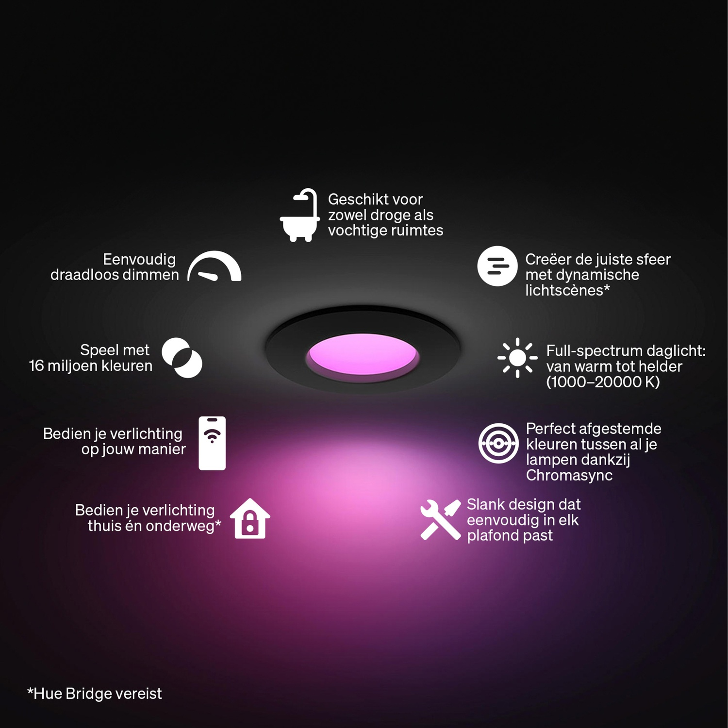 Un spot de plafond à lumière violette, offrant gradation sans fil, 16M couleurs et contrôle via application.