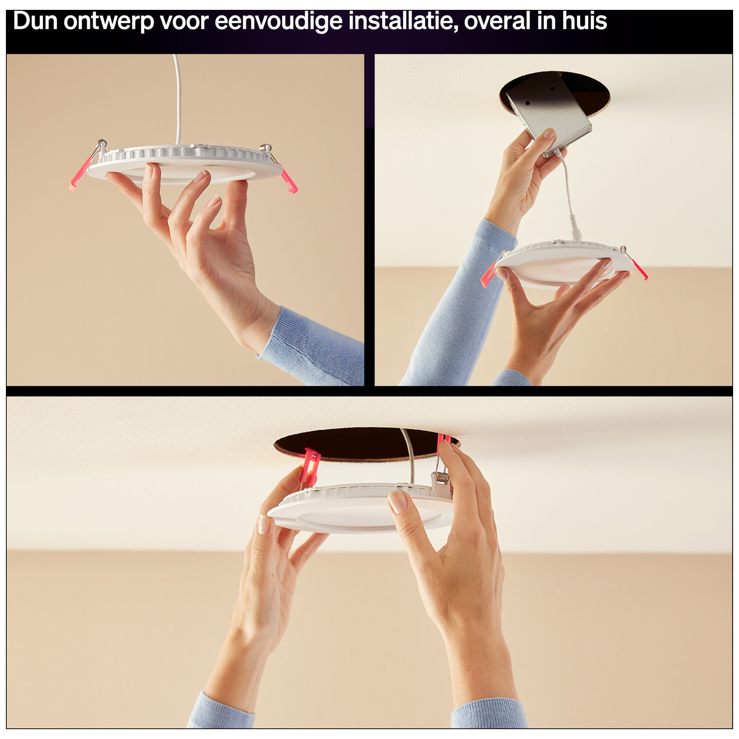 Personne installant un plafonnier. Mains tenant le luminaire.