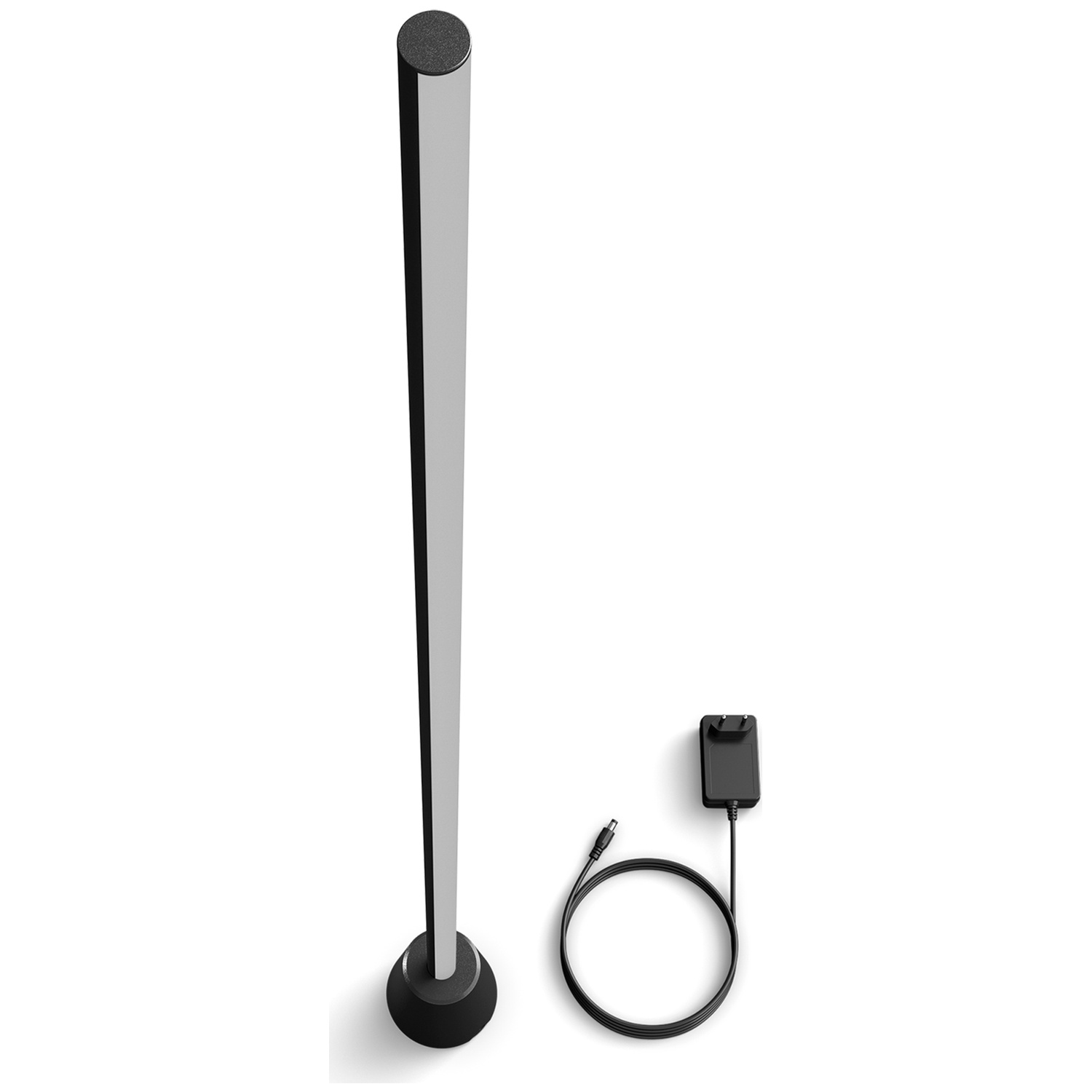 Une fine tige lumineuse argentée avec une base noire et un adaptateur secteur.