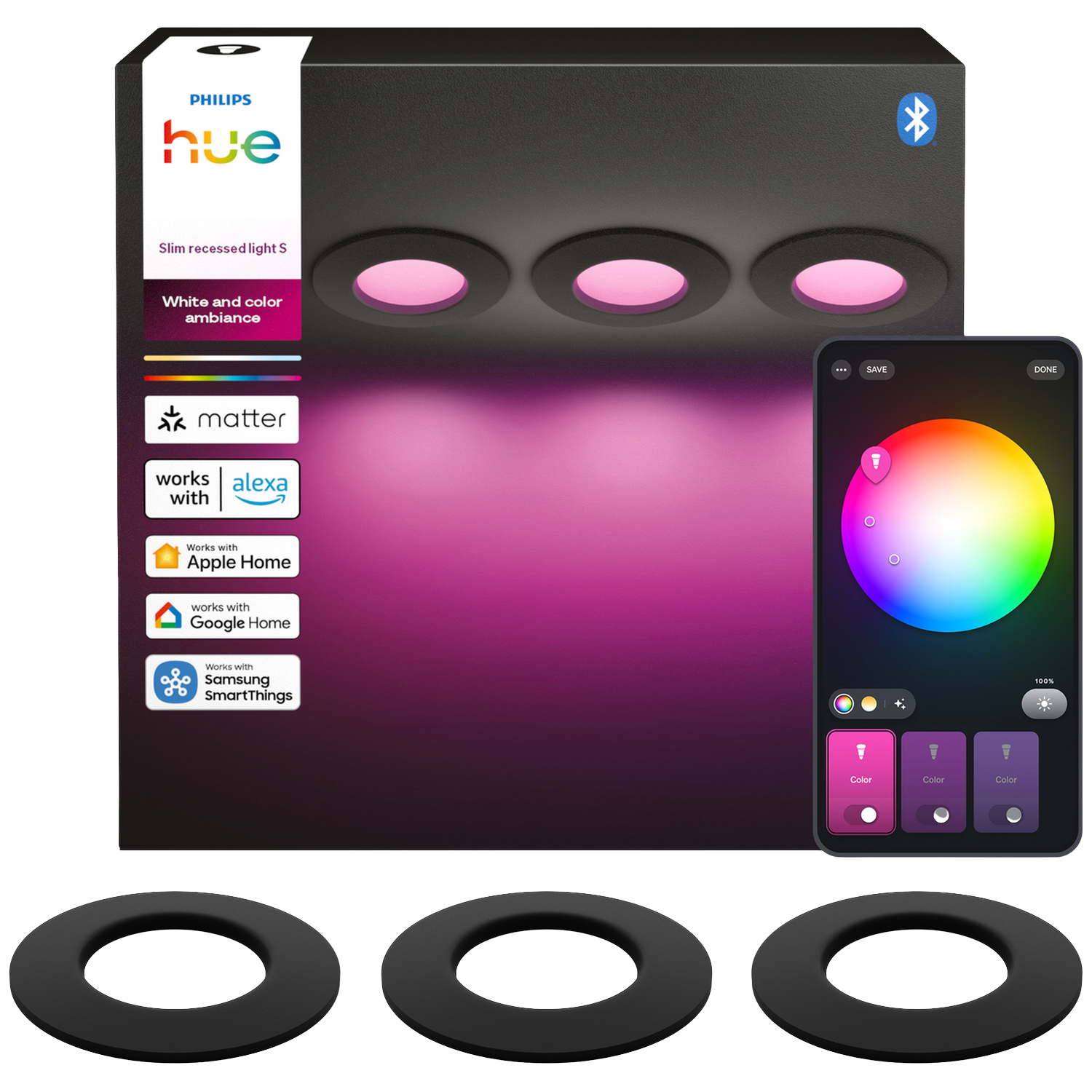 Spots encastrables Philips Hue Slim avec contrôle par application et trois anneaux.
