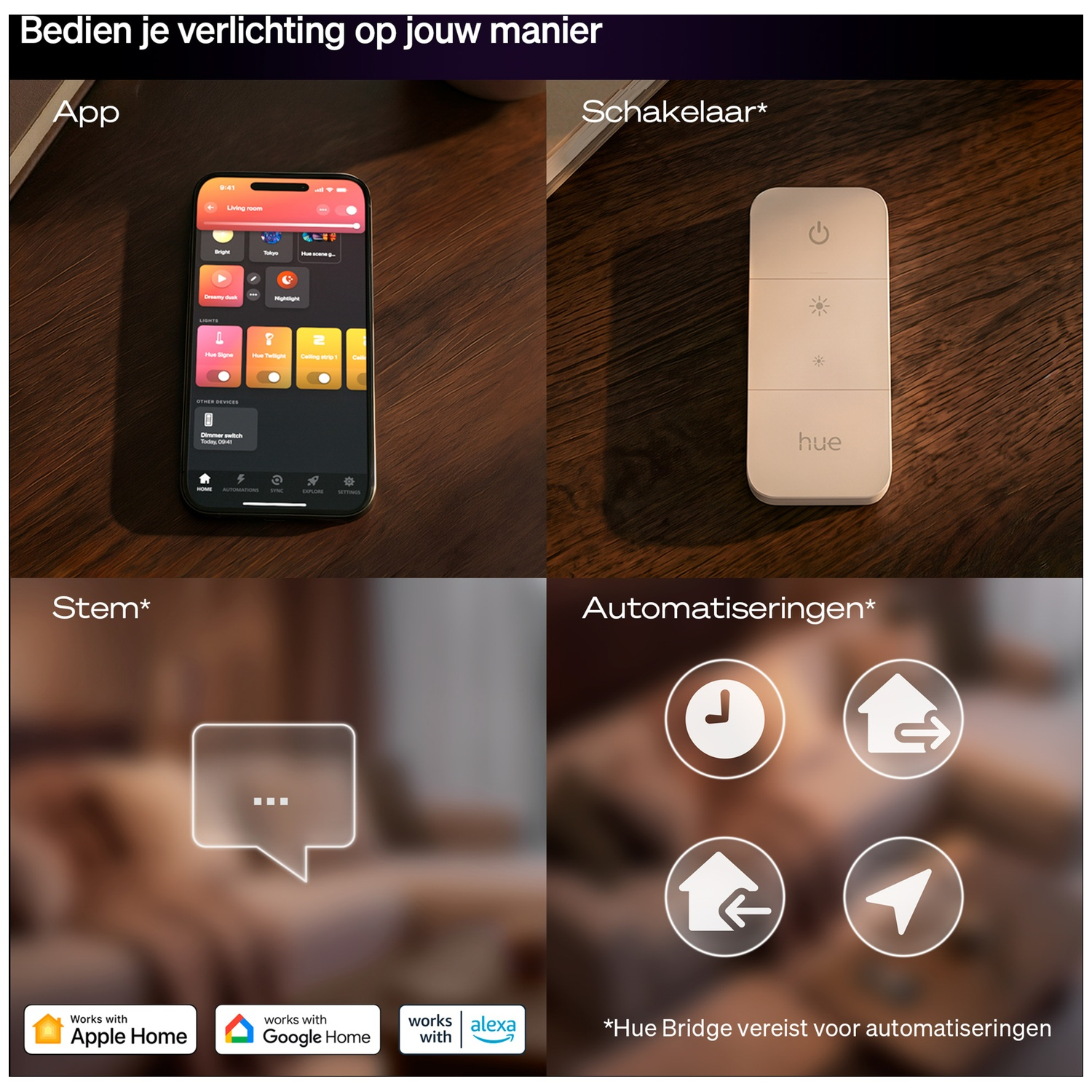 Contrôle de l'application, interrupteur, commande vocale et icônes d'automatisation pour l'éclairage.