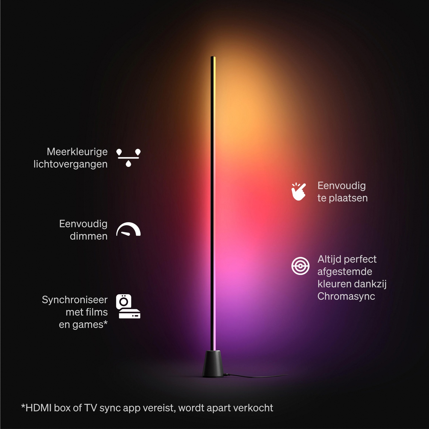 Un lampadaire mince et multicolore avec des dégradés de couleurs et des textes.