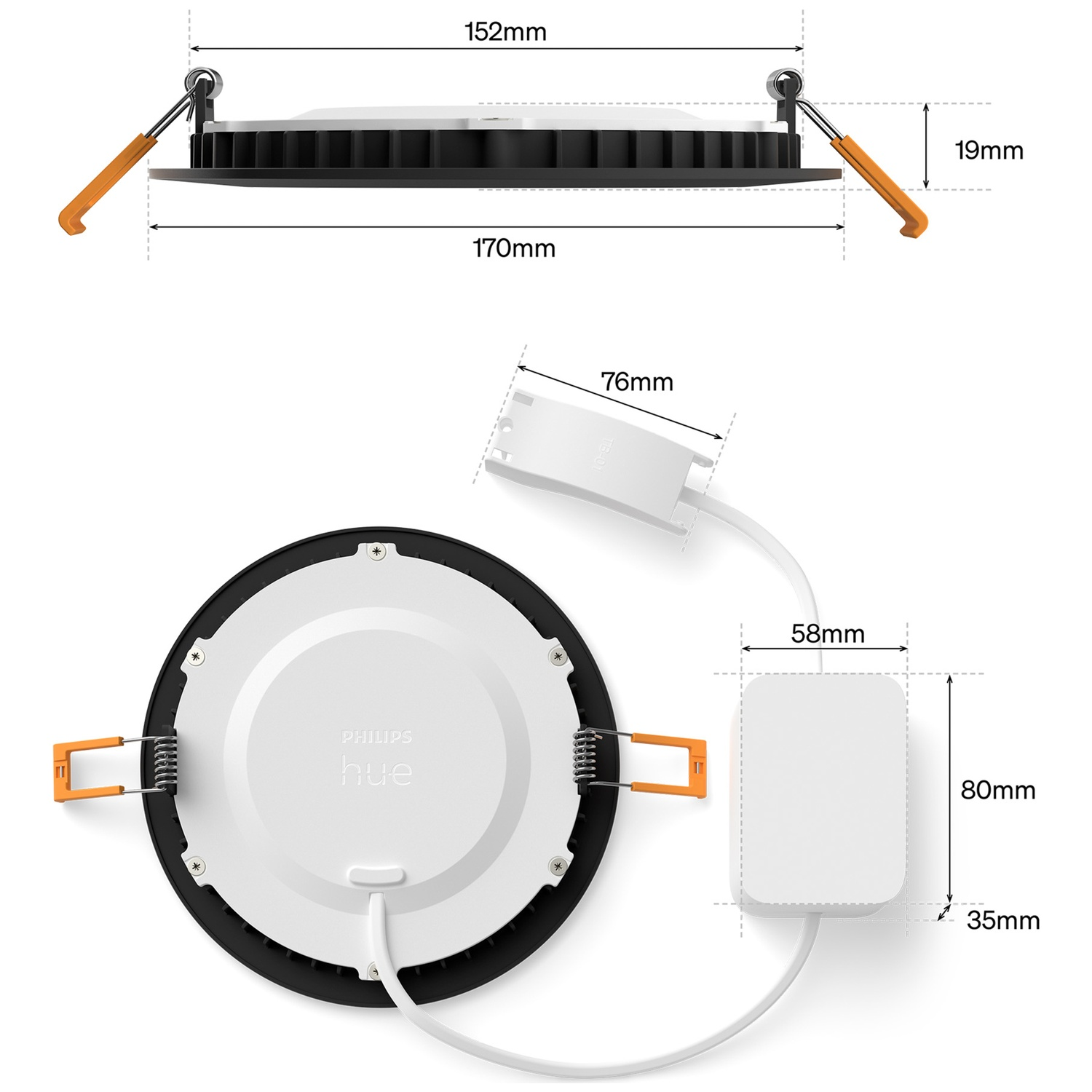 Dessin technique d'un plafonnier Philips Hue avec dimensions.