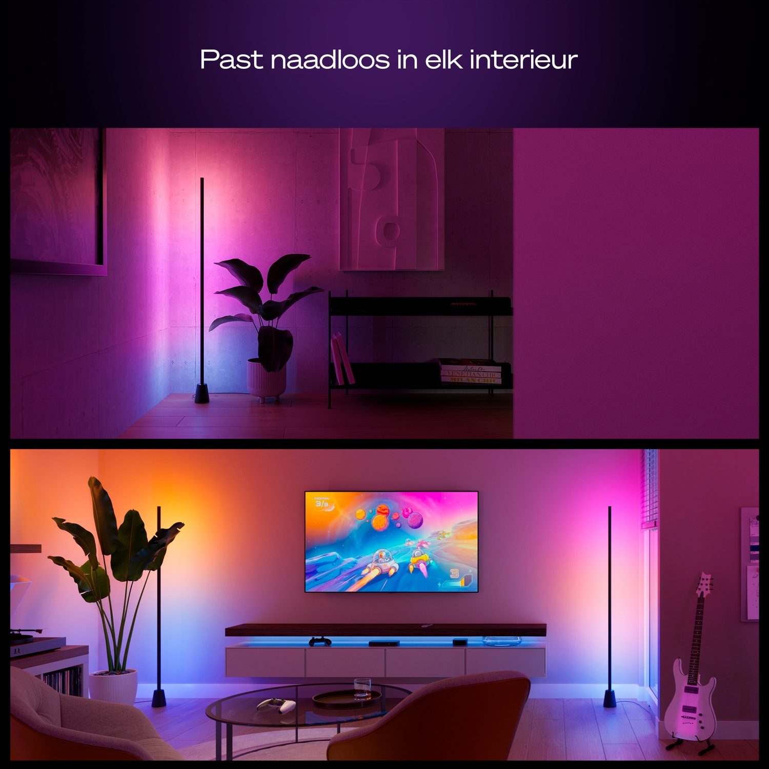 Salon moderne avec lampes sur pied RVB illuminant un mur en rose et orange.