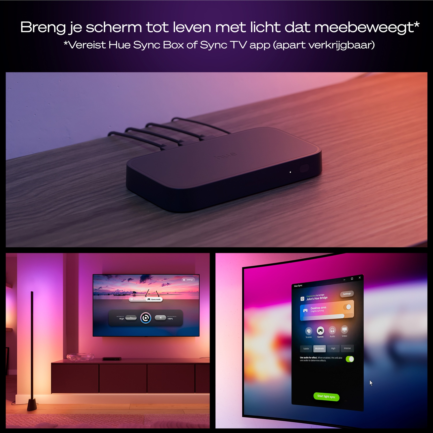Un appareil Philips Hue Sync Box sur un bureau, une télévision avec des lumières et un écran d'ordinateur.