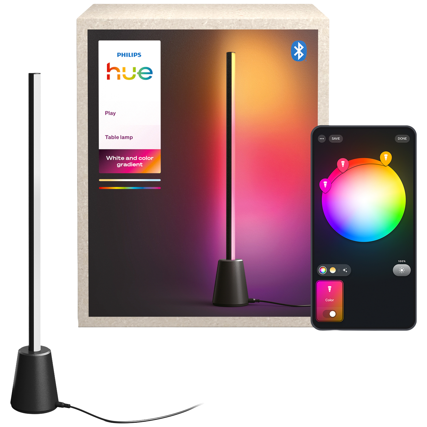 Lampe de table Philips Hue avec dégradé de couleur dans sa boîte, à côté d'une lampe et vue app.