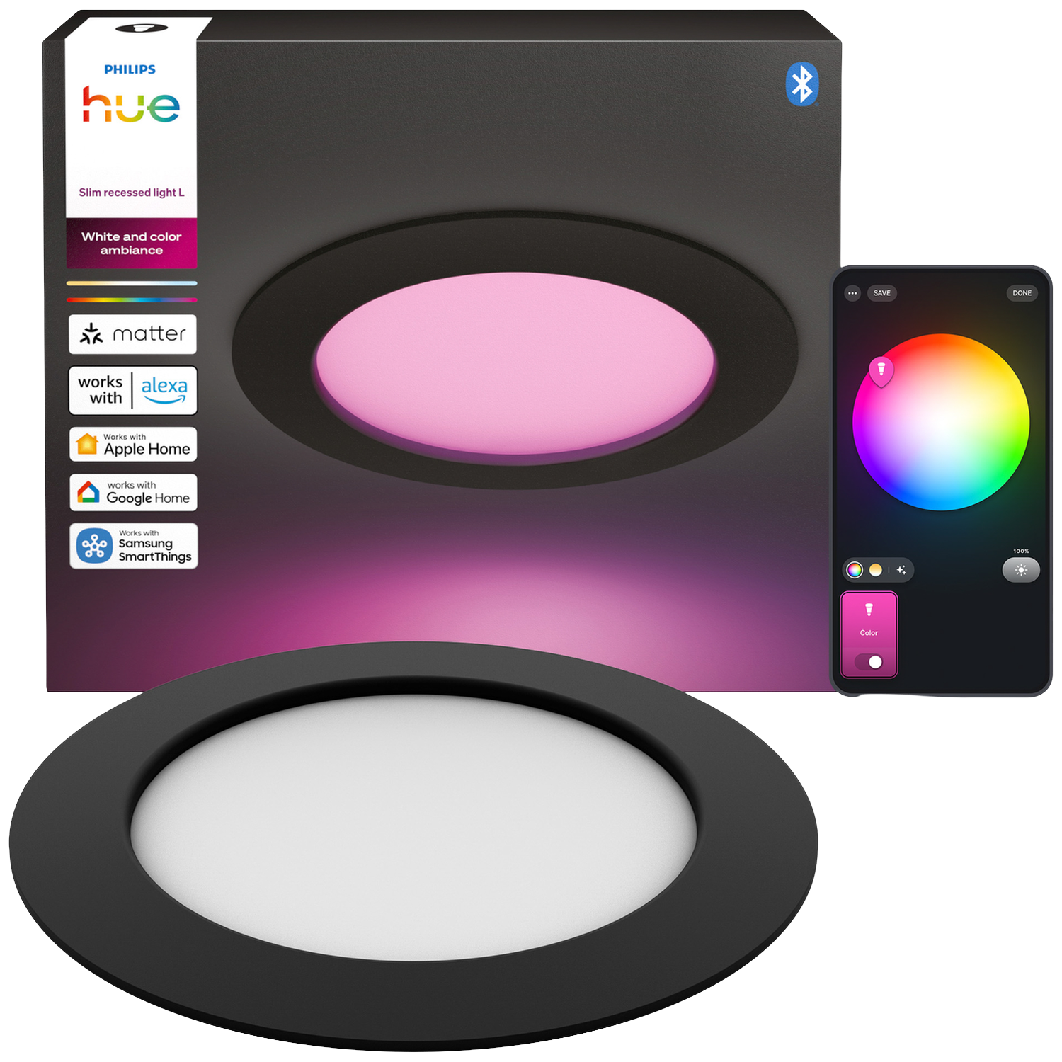 Plafonnier encastré Philips Hue Slim avec app smartphone et écran couleur.