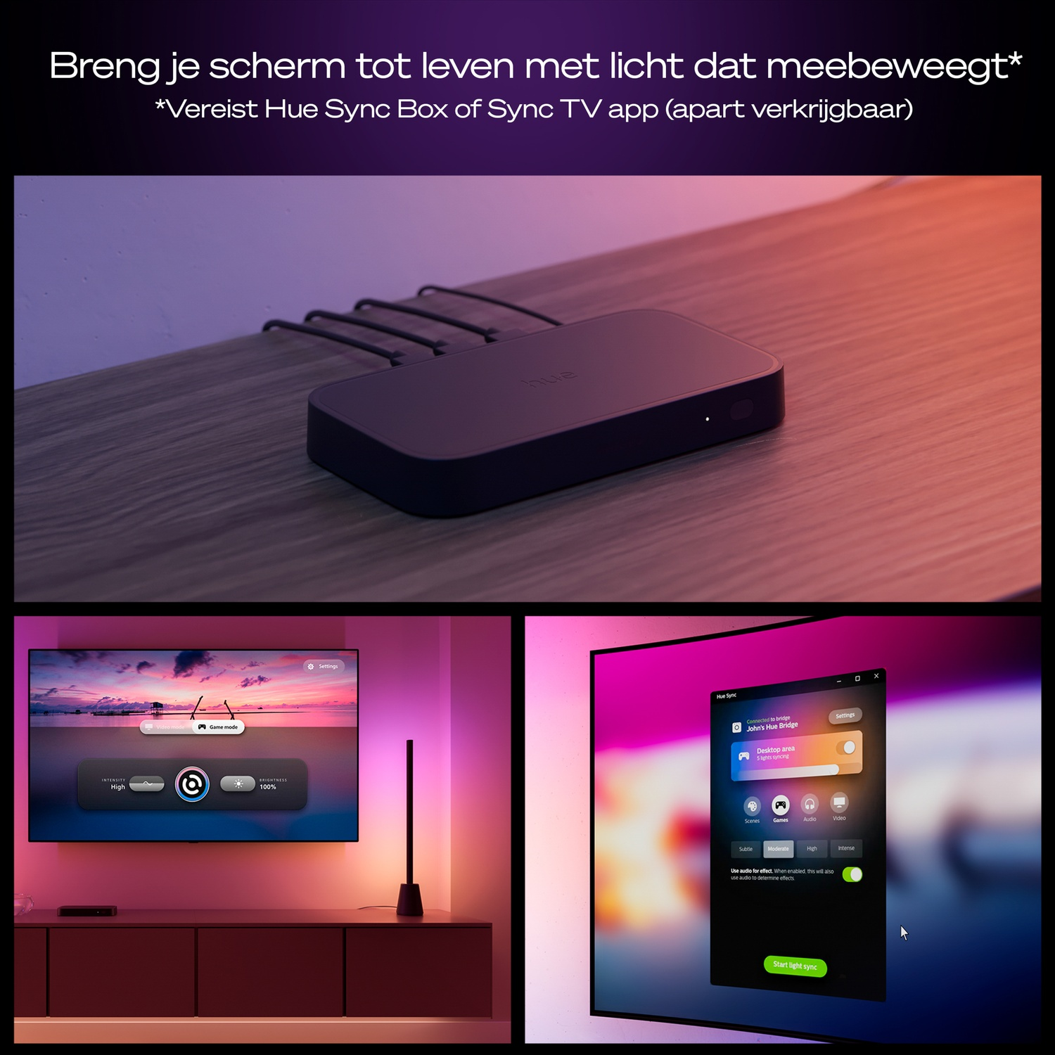 Un appareil Hue Sync Box, une TV avec effets lumineux et un écran d'ordinateur affichant l'application Hue Sync.