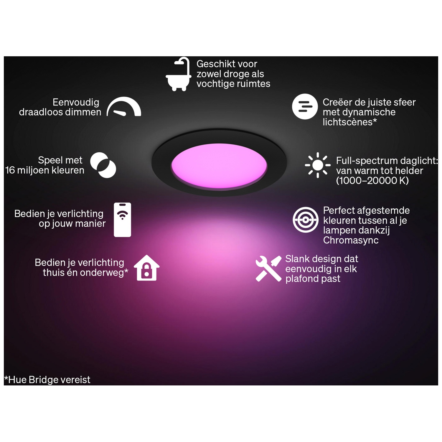 Plafonnier encastré violet, dimmable, 16M couleurs, pour pièces humides.