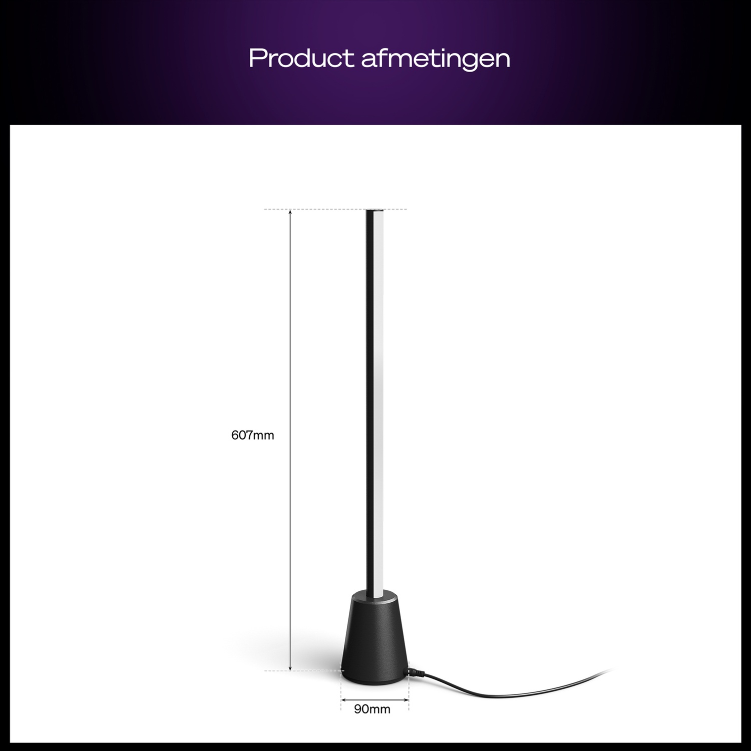 Pied de lampe noir élancé avec une barre lumineuse blanche haute et étroite. Dimensions : 607 mm de haut, 90 mm de large.