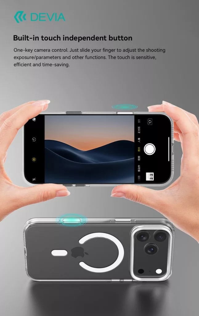 Kezek átlátszó tokban tartanak egy iPhone-t, kamerás alkalmazással.