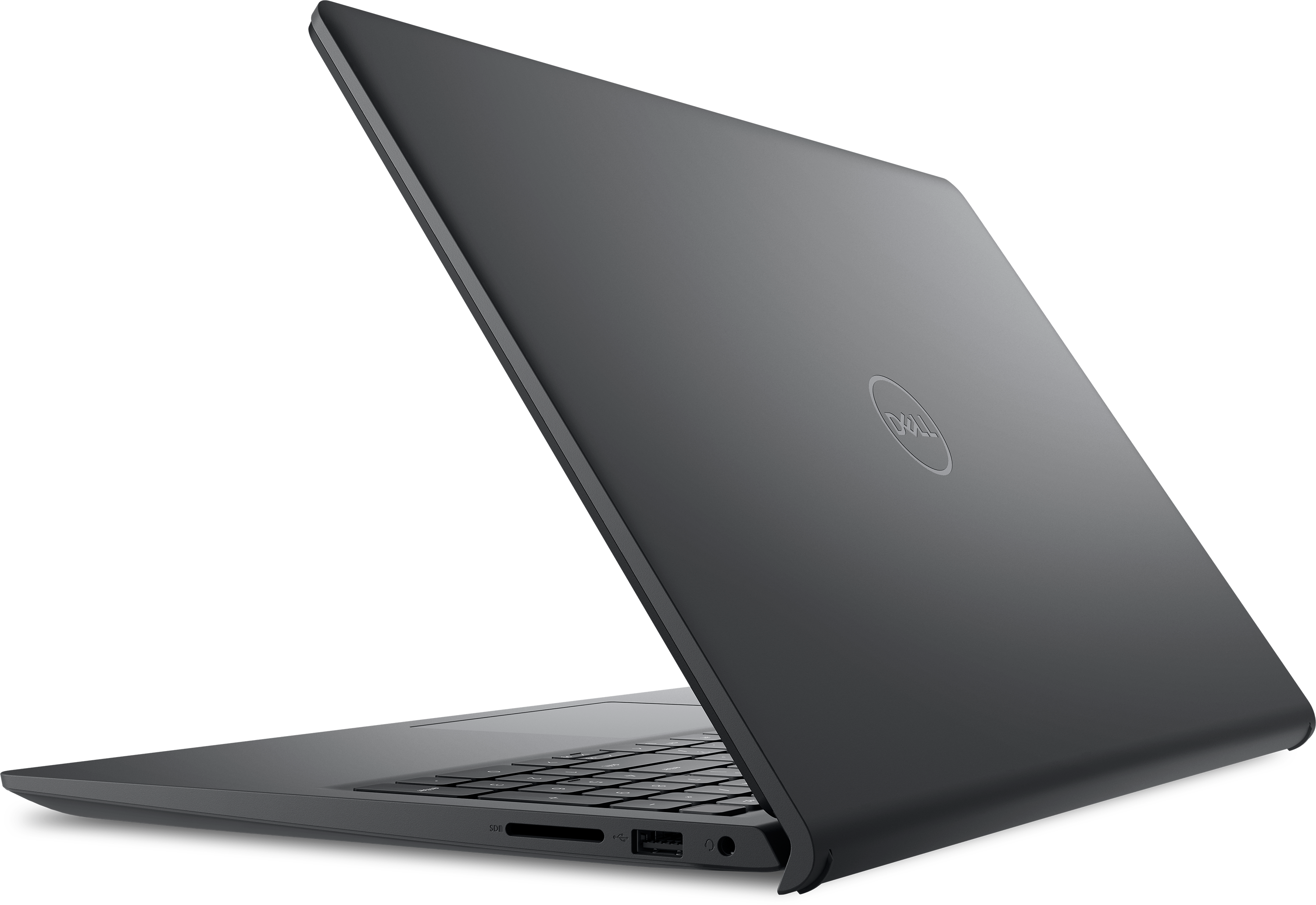 Egy zárt, szürke Dell laptop billentyűzettel és portokkal.