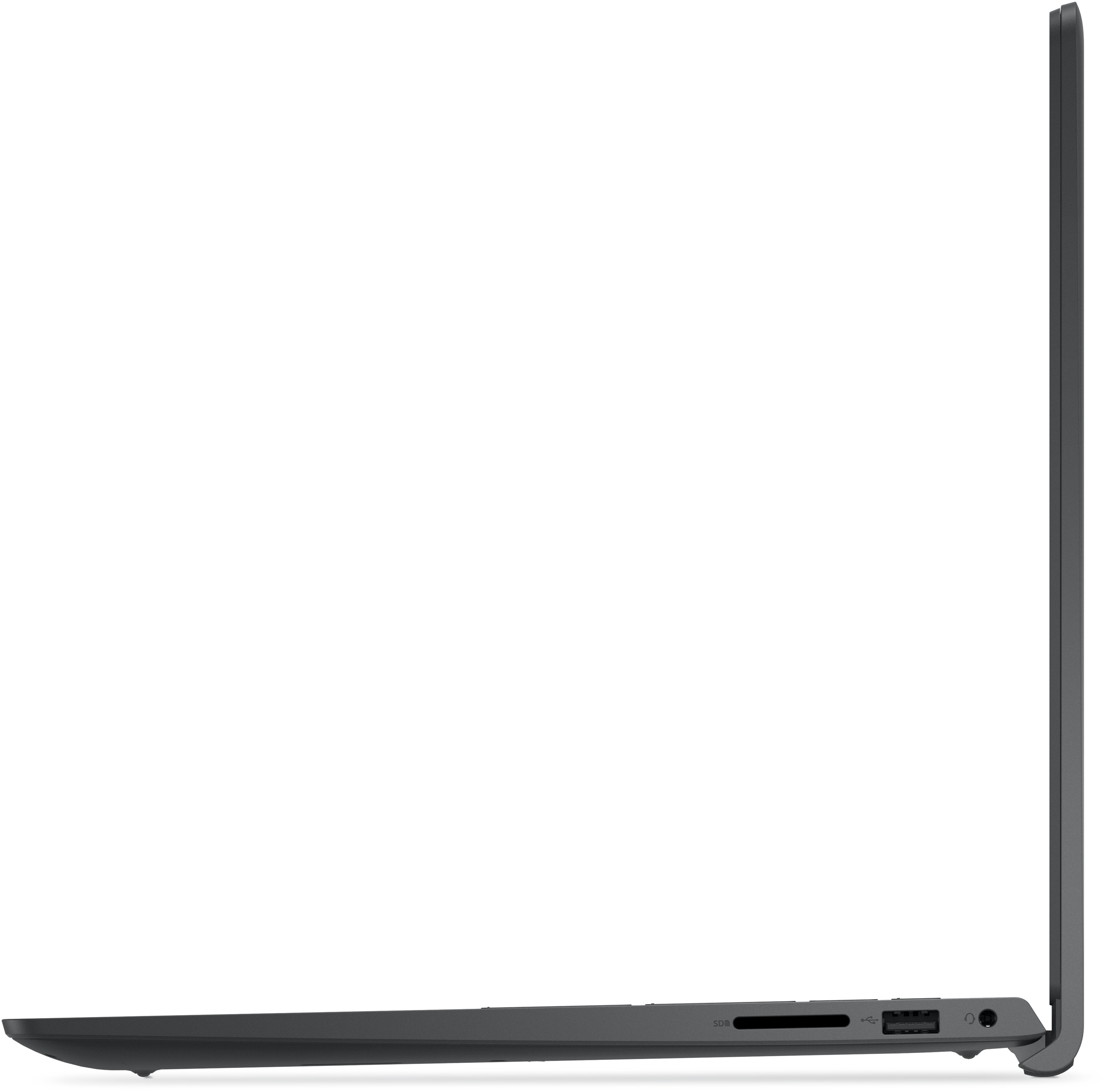 Szürke laptop oldalnézetben, USB és fejhallgató portokkal.