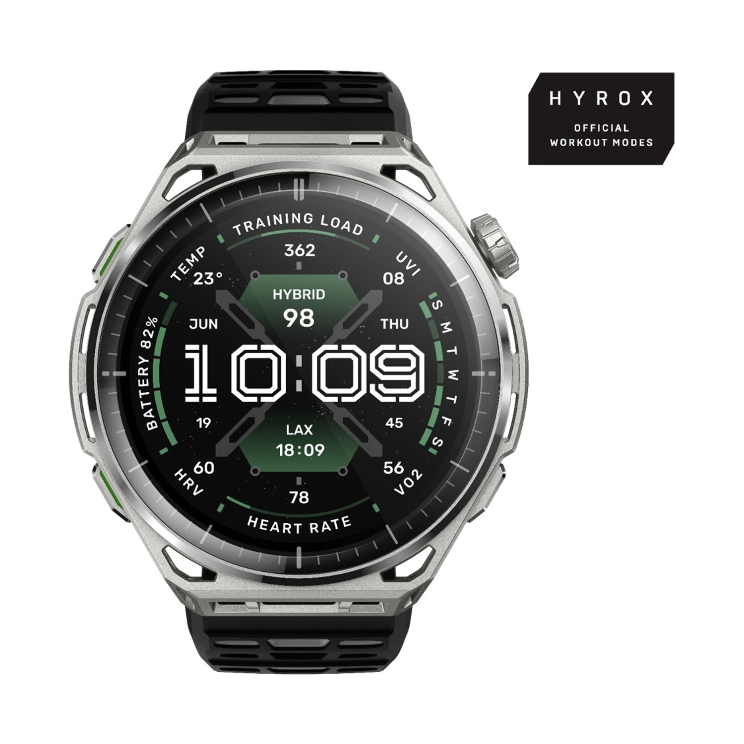 Smartwatch argento con cinturino nero mostra ora 10:09, data, temperatura, batteria e dati.
