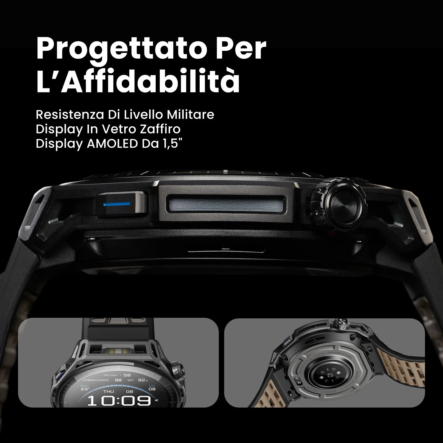 Smartwatch con resistenza di livello militare, display in vetro zaffiro e schermo AMOLED.