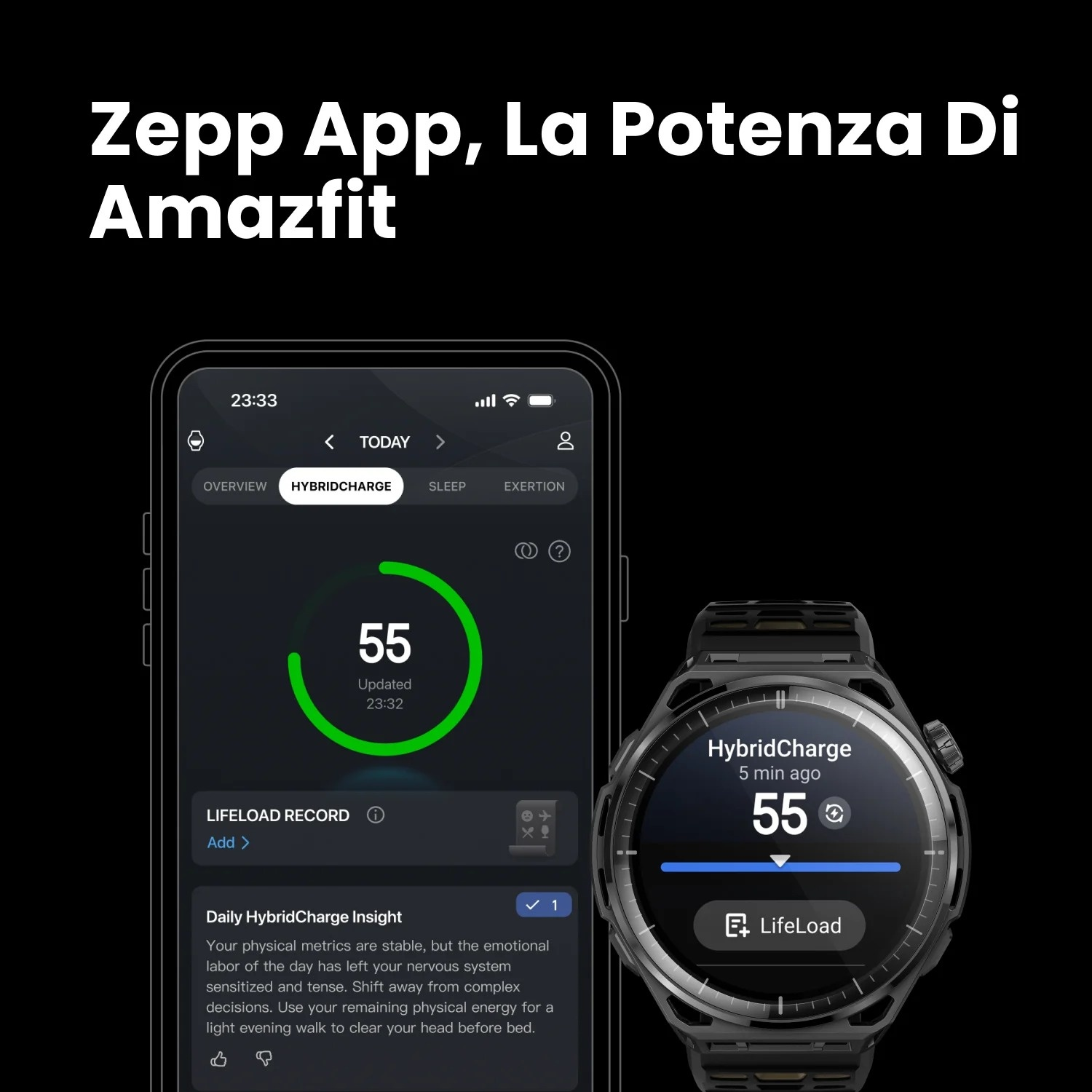 Orologio Amazfit mostra punteggio HybridCharge 55. App mostra stesso punteggio.