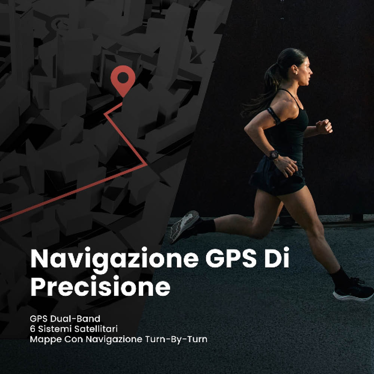 Una donna corre con una mappa e un'icona GPS sullo sfondo.