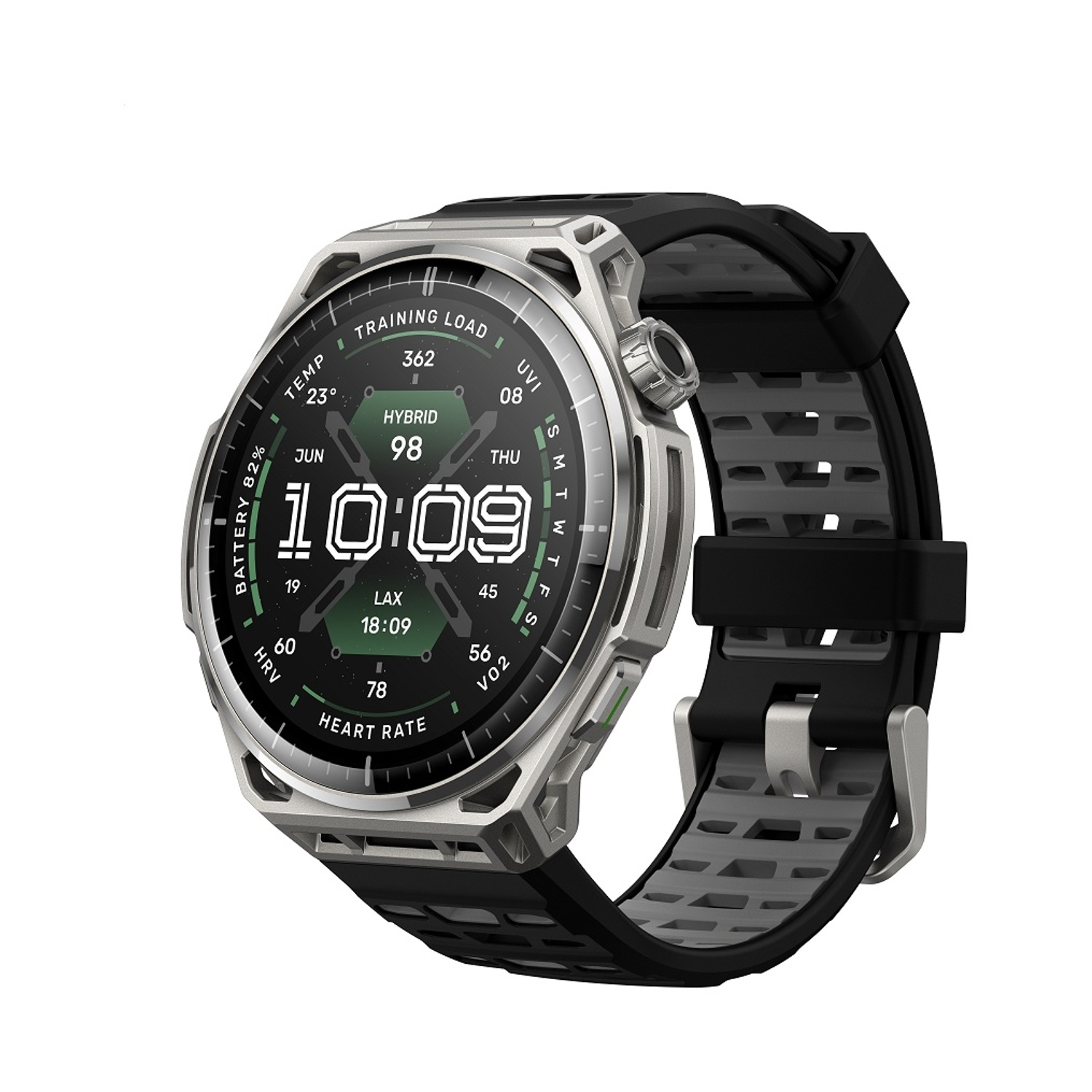 Uno smartwatch argentato con cinturino nero e grigio. Il display mostra le 10:09, 82% batteria, 23°C e frequenza cardiaca.