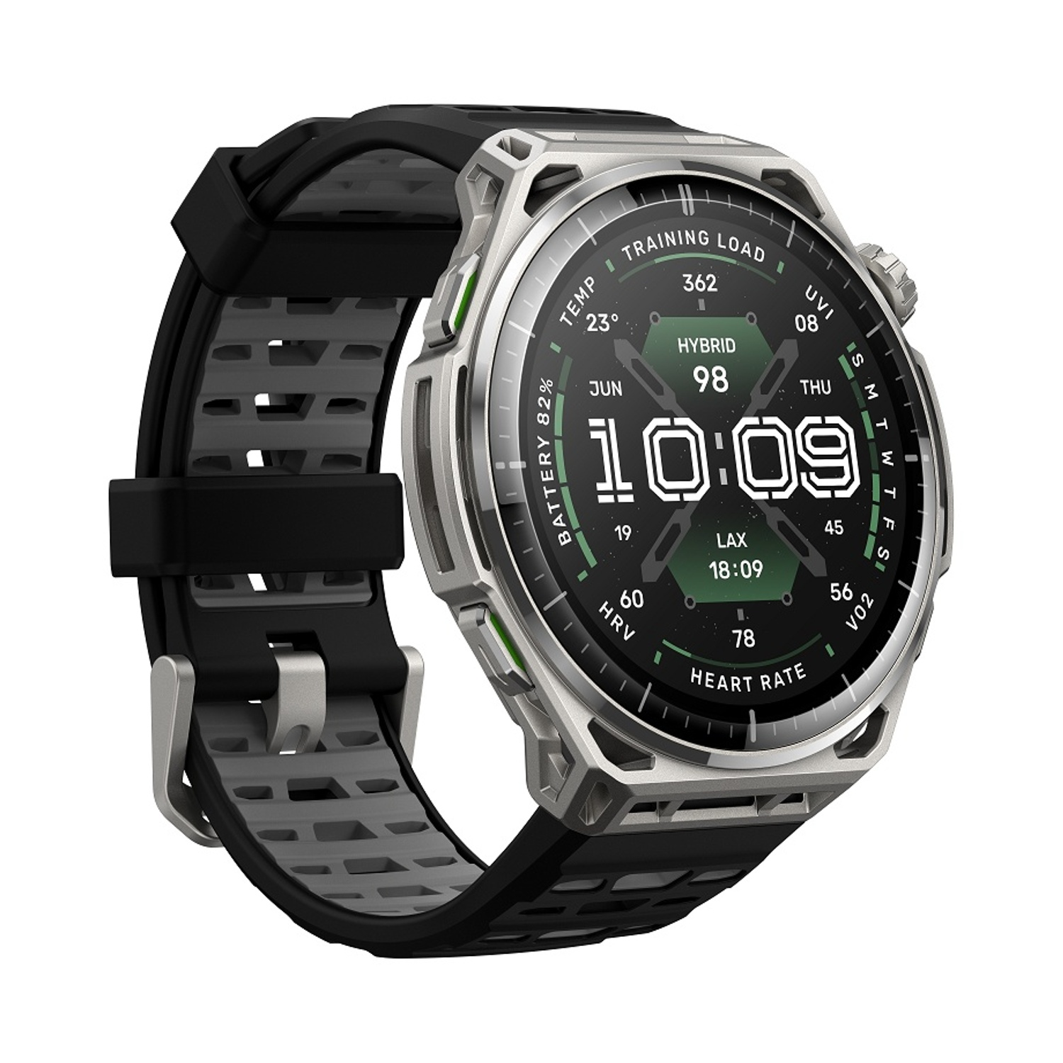 Uno smartwatch argentato con cinturino nero mostra ora, battito cardiaco e livello batteria.