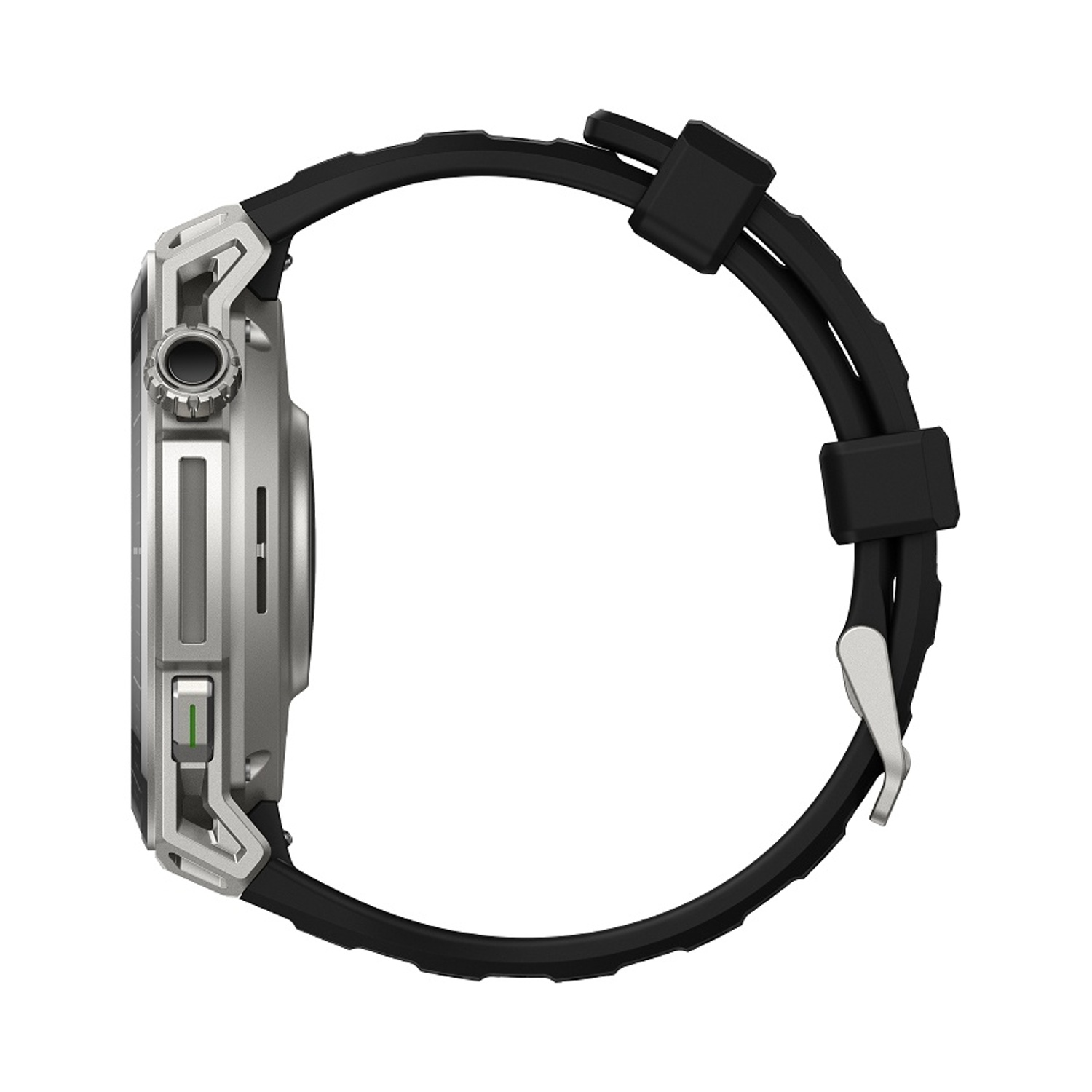 Smartwatch grigio con cinturino nero, vista laterale.