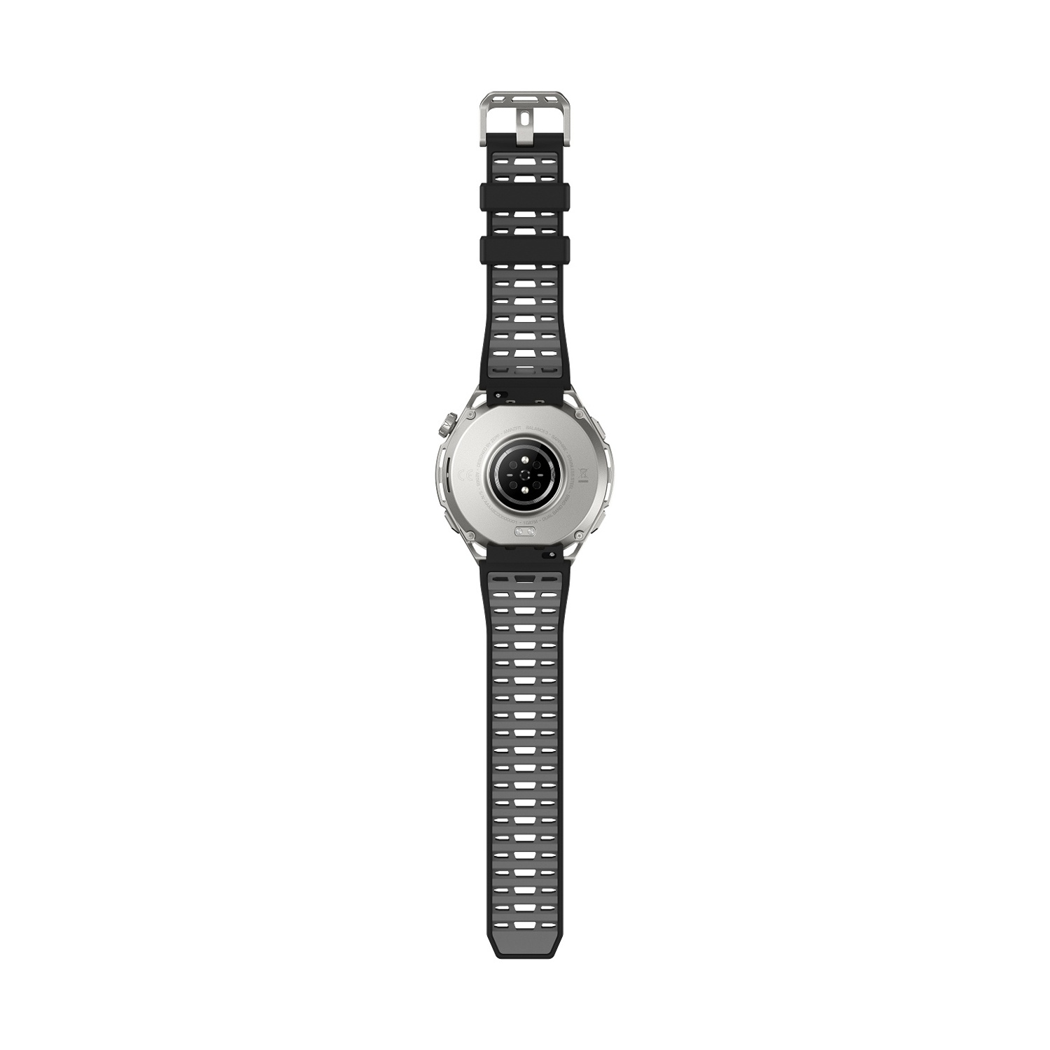 Vista posteriore di uno smartwatch con cinturino nero e cassa argentata.